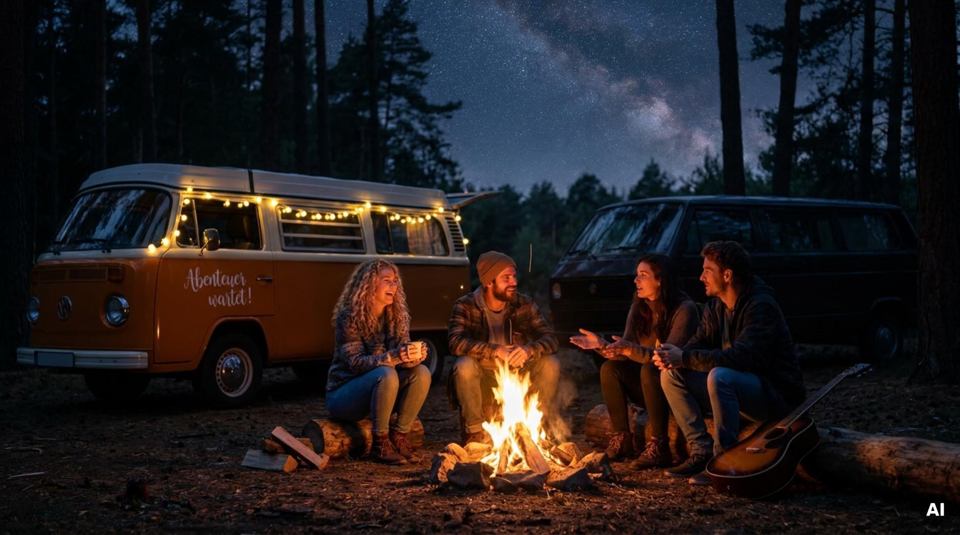 Vier Freunde sitzen um ein Lagerfeuer bei Nacht, die Gesichter vom Flammenschein erleuchtet, mit Camper-Vans und Sternenhimmel im Hintergrund.