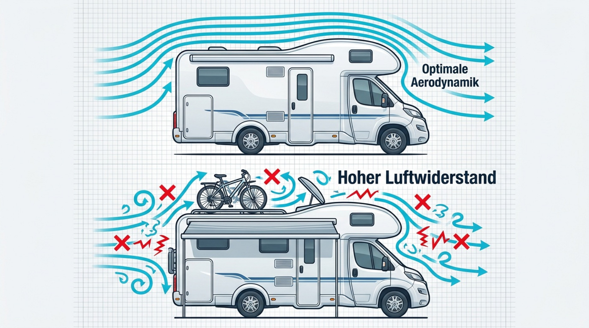Vergleich zweier Wohnmobile zeigt das stromlinienförmige Fahrzeug mit geringerem Luftwiderstand im Gegensatz zum Fahrzeug mit Dachträger und Dachluke.