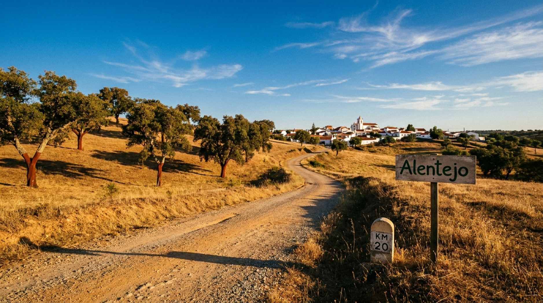 Weite Landschaft der Alentejo-Region mit einer schmalen Landstraße, Korkeichen und einem weißen Dorf am Horizont.
