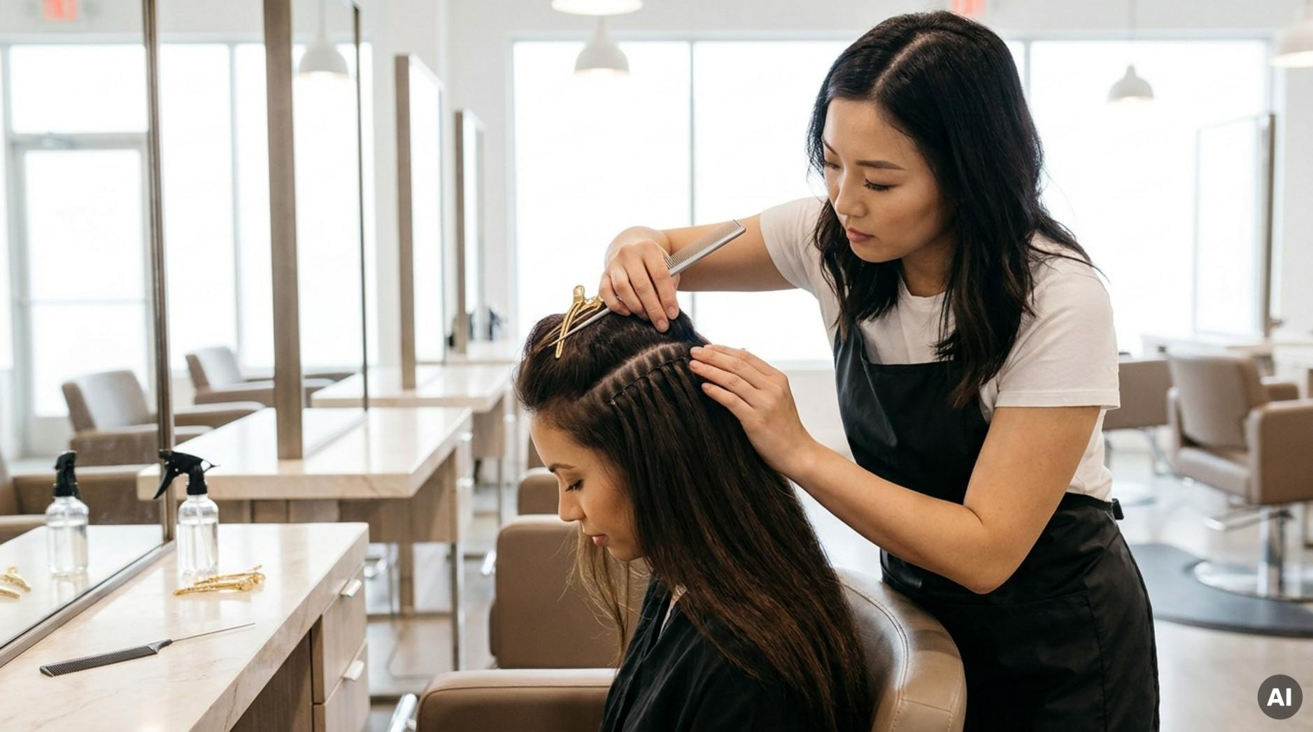 A stylist examines and adjusts hair extensions during a maintenance appointment in a bright salon setting.