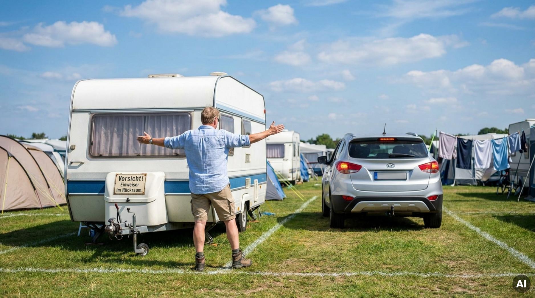 Person gibt beim Rückwärtseinparken am Campingplatz klare Handzeichen an den Fahrer.