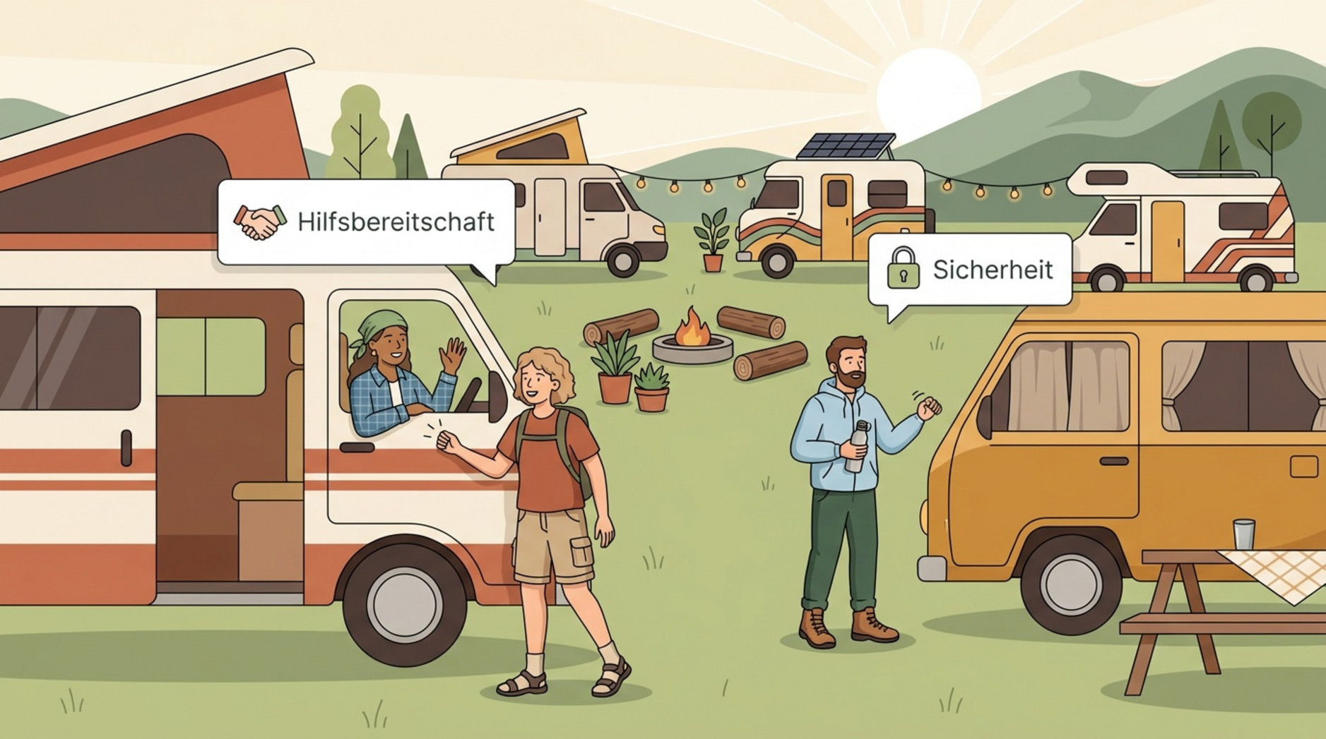 Freundliche Szene auf einem Campingplatz mit Vans, die Gemeinschaft und gegenseitige Unterstützung zeigt