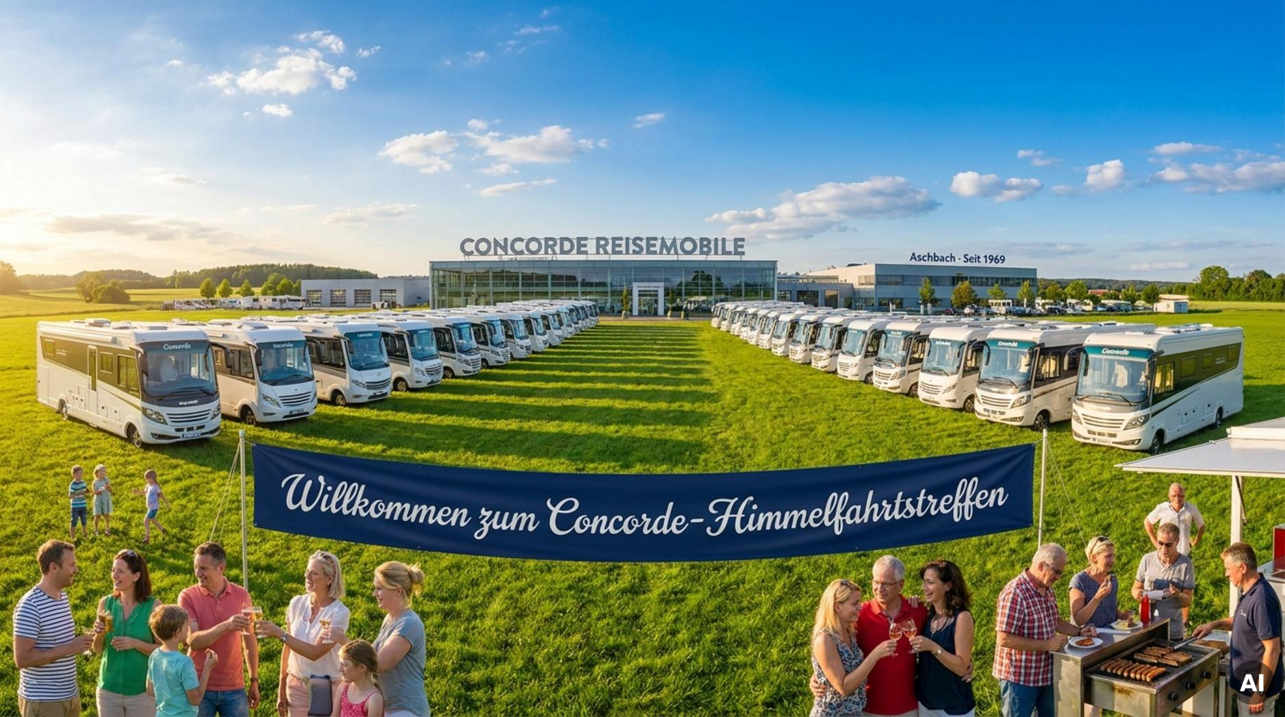 Lebendige Aufnahme des Concorde-Himmelfahrtstreffens mit Reihen von Concorde-Reisemobilen auf einem grünen Feld und fröhlichen Menschen unter hellem Sonnenschein.