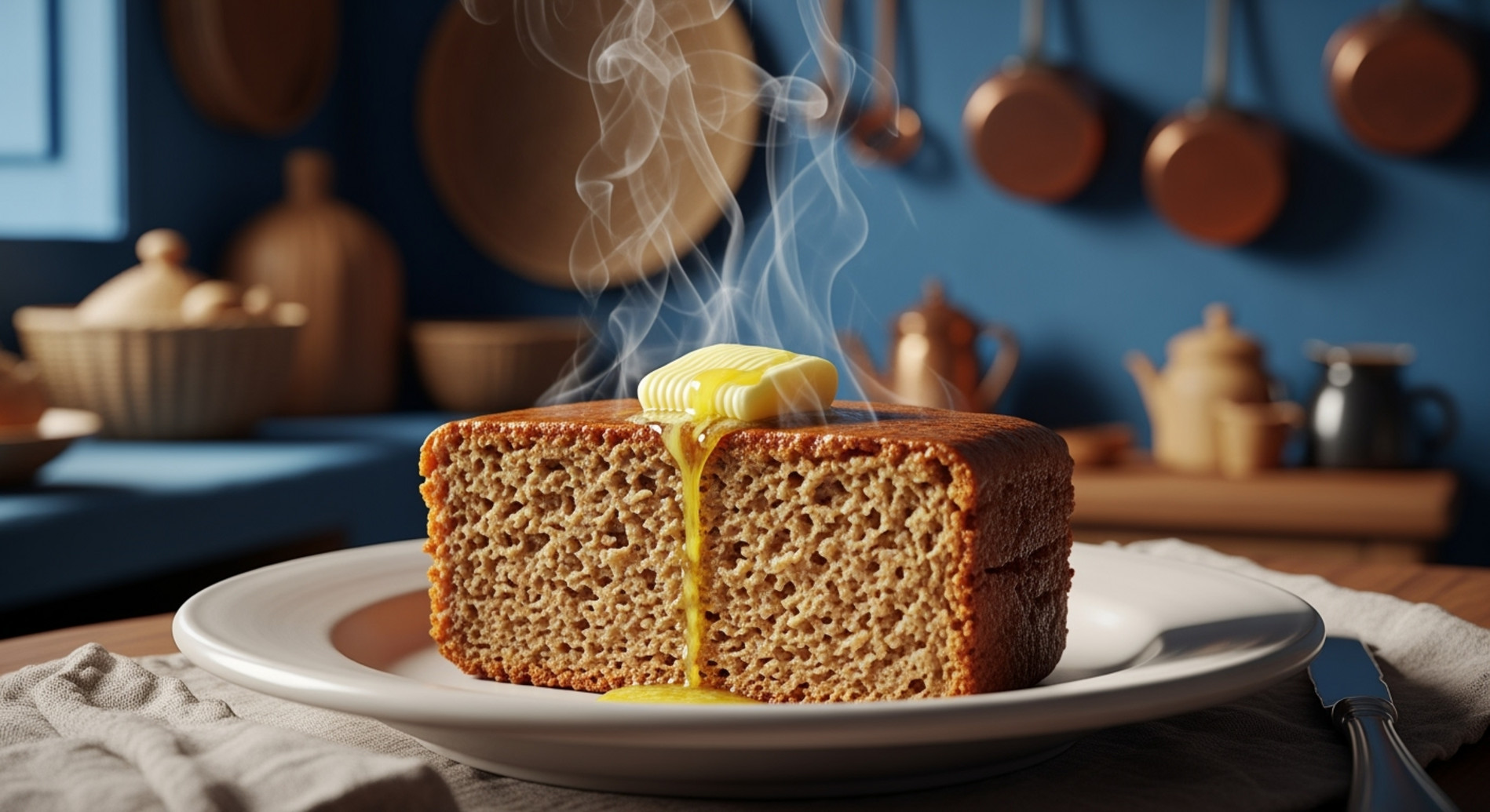 A close-up of a warm dense cuscuz slice served on a plate with melting butter, evoking comfort and tradition.