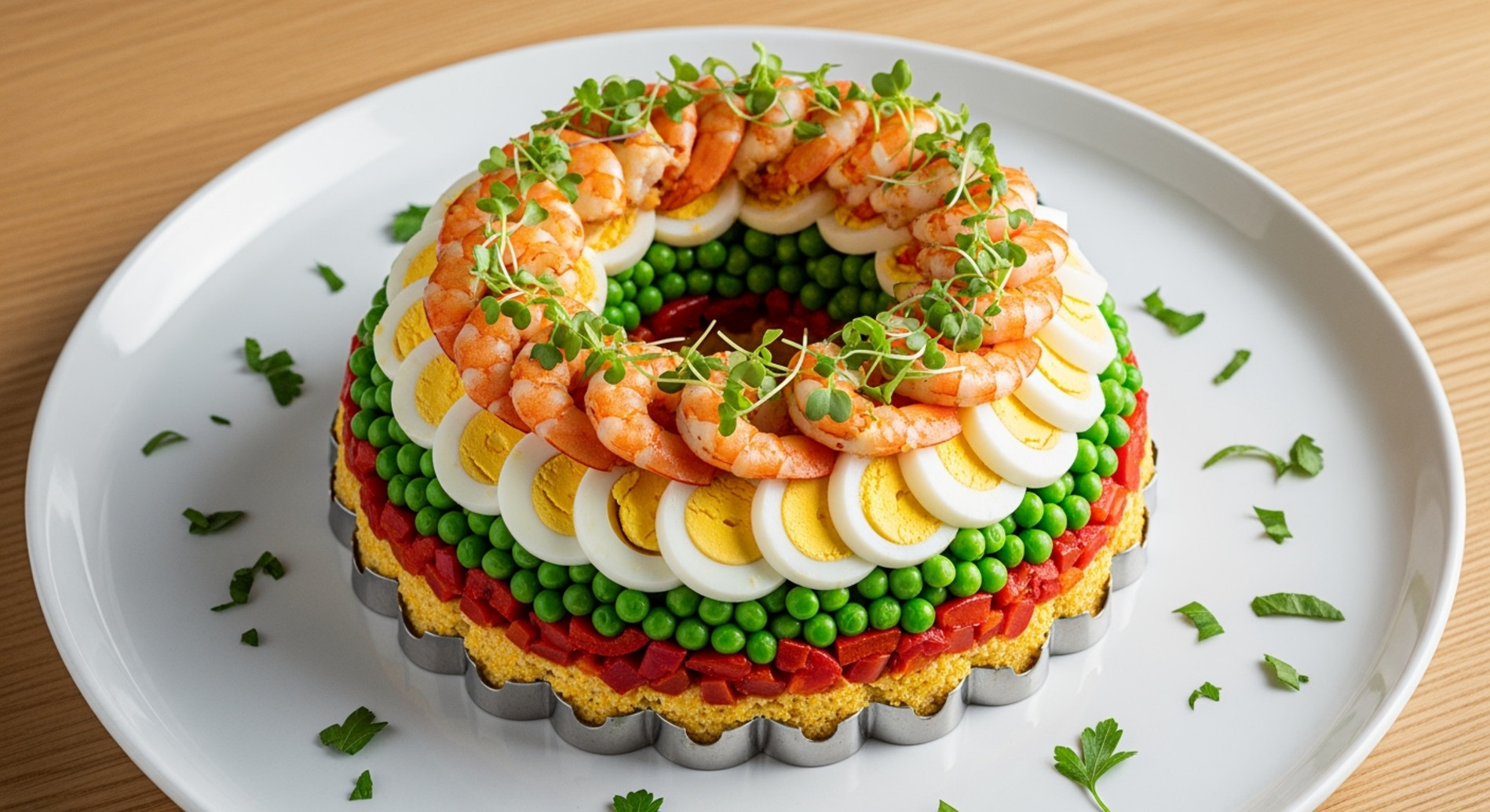 A vibrant overhead shot of a colorful layered Cuscuz Paulista on a white platter, ready for a festive meal.