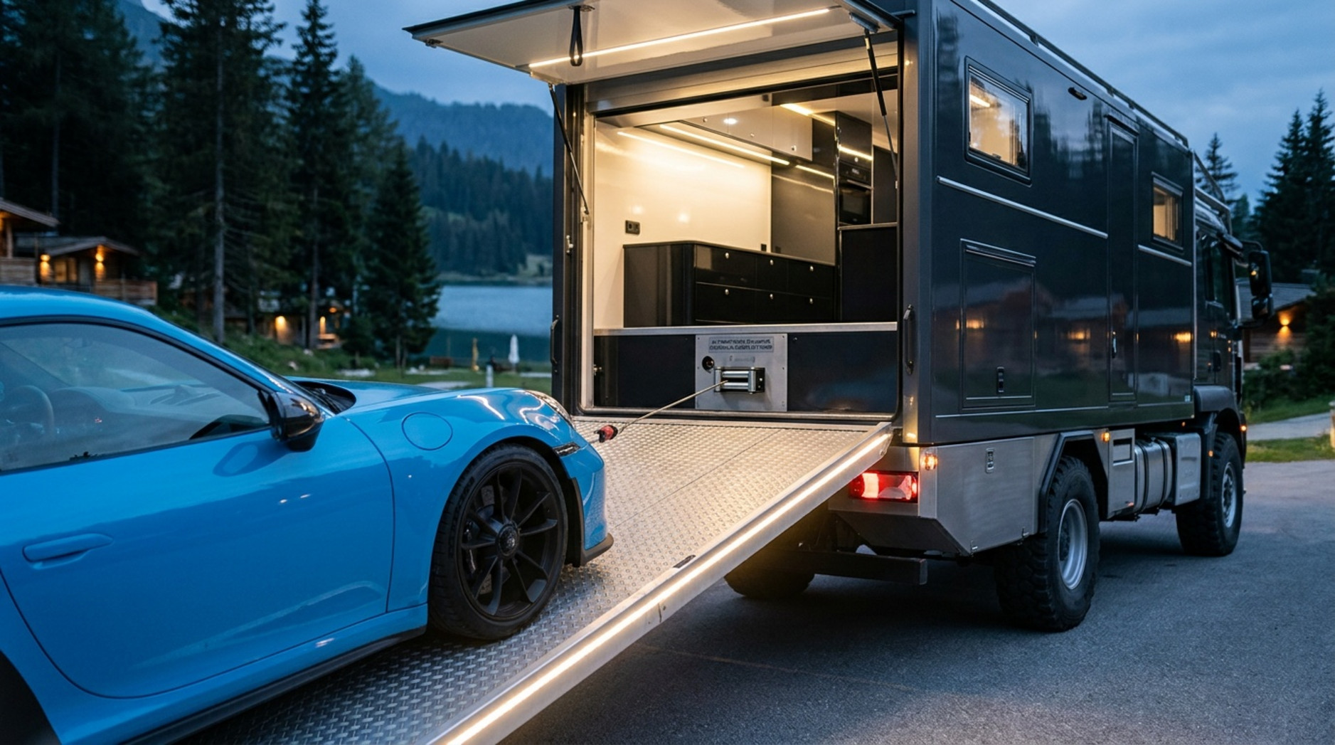Ein realistisches Foto der geöffneten Heckgarage der Dembell Land Yacht mit Ladeplattform und Sportwagen, der in den Luxus-Lkw-Wohnmobil gezogen wird.