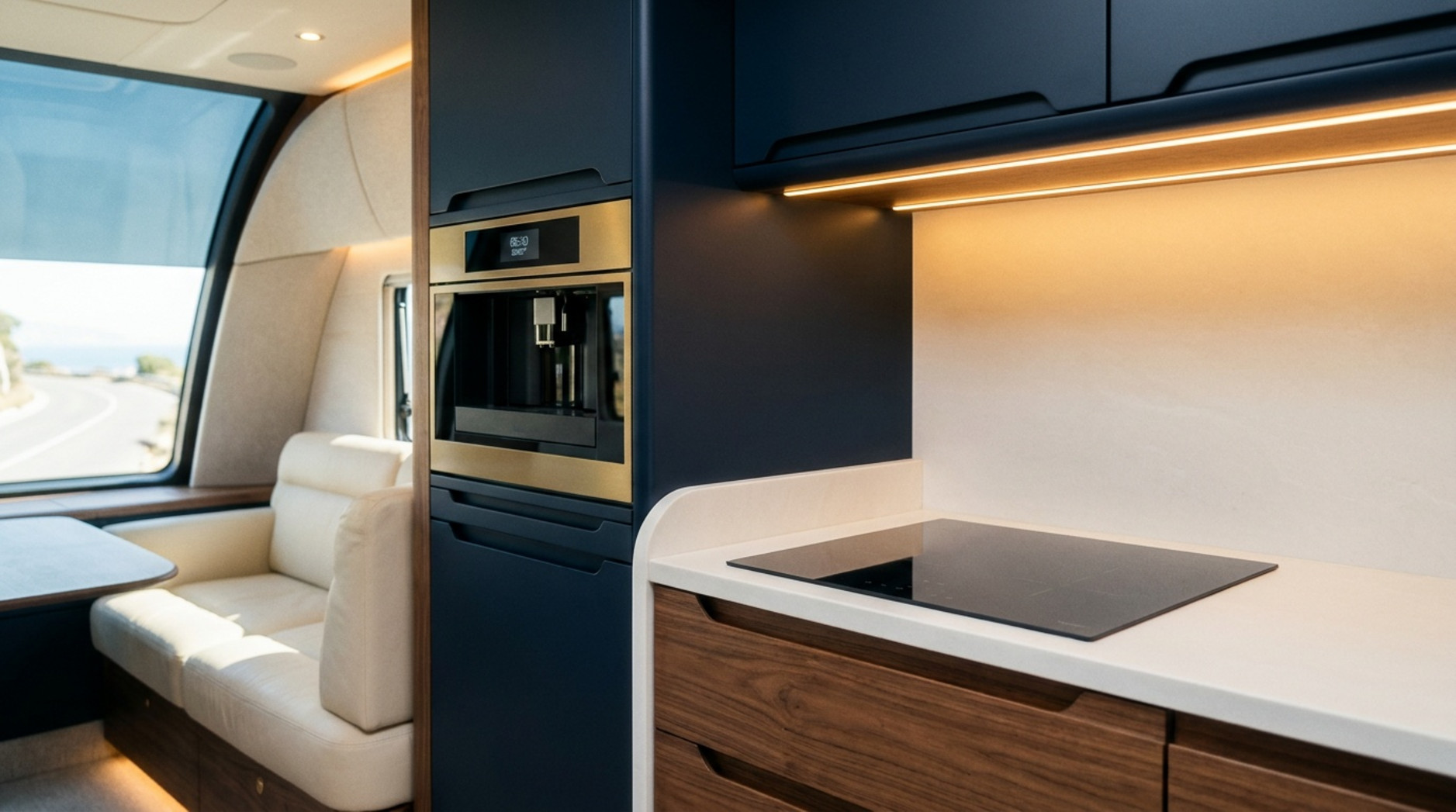 Innenaufnahme einer eleganten Küchenzeile in einem Luxuswohnmobil mit moderner Ausstattung und Yacht-Ästhetik.