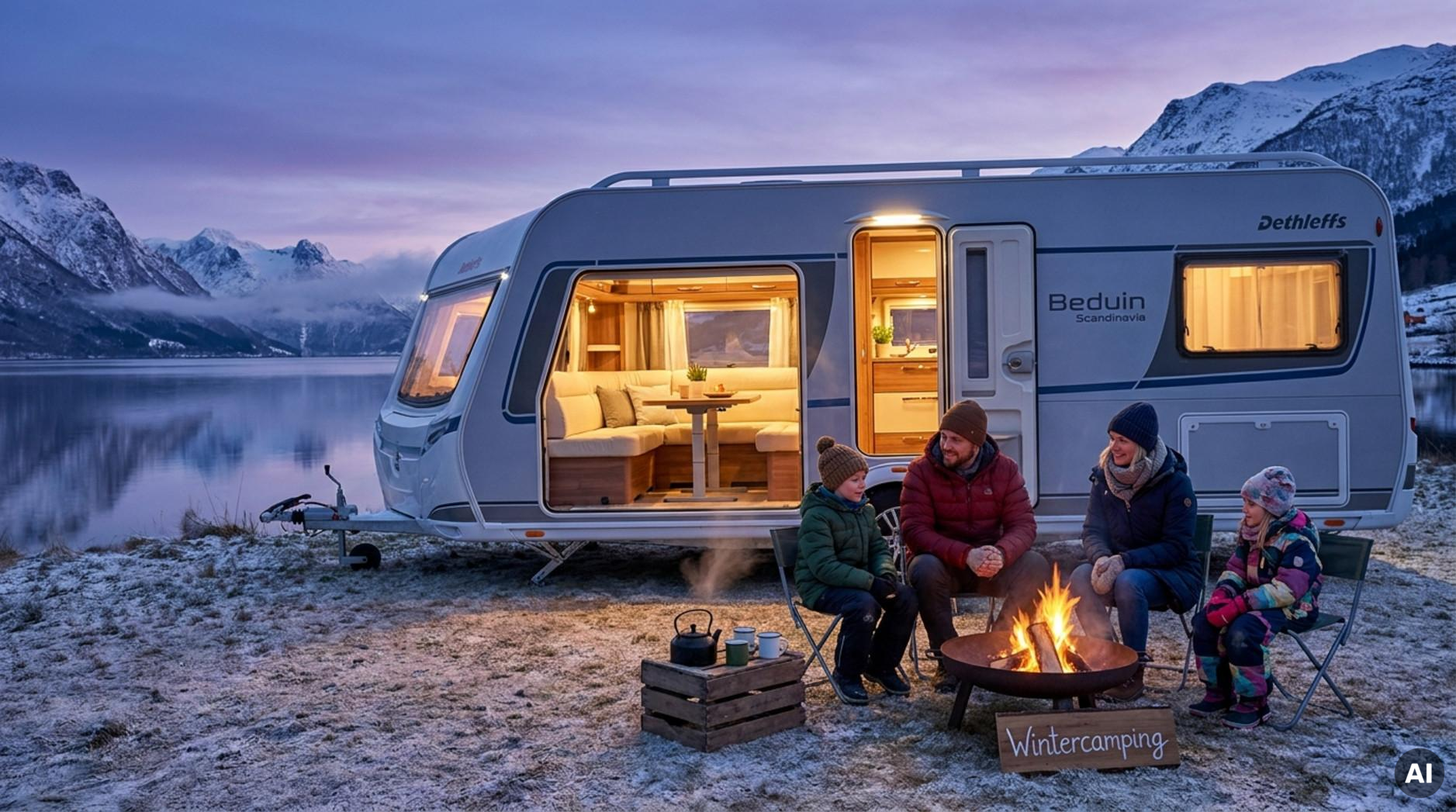 Ein Wohnwagen am Fjord bei Dämmerung mit einer Familie am Feuer, die die Natur und das Abenteuer des Wintercampings genießt.