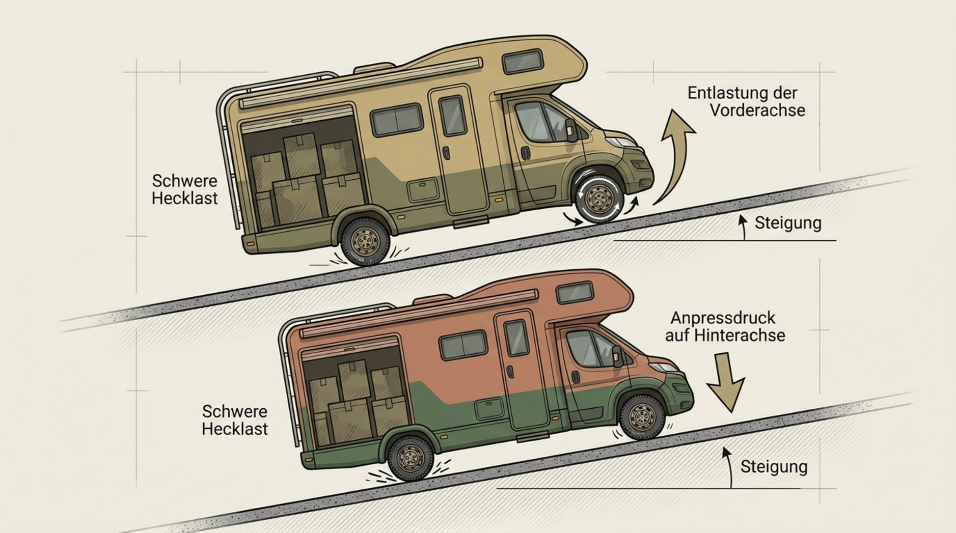 Vergleichende technische Illustration zeigt wie Heckbeladung die Traktion bei Wohnmobilen beeinflusst, mit einem Fahrzeug mit Vorderradantrieb und einem mit Hinterradantrieb auf steiler Straße.