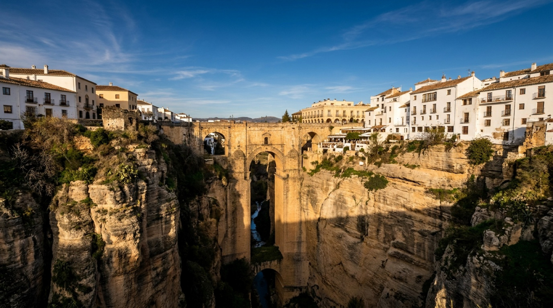 Die El Tajo Schlucht in Ronda mit der historischen Steinbrücke verbindet zwei Klippen unter warmem Sonnenlicht.