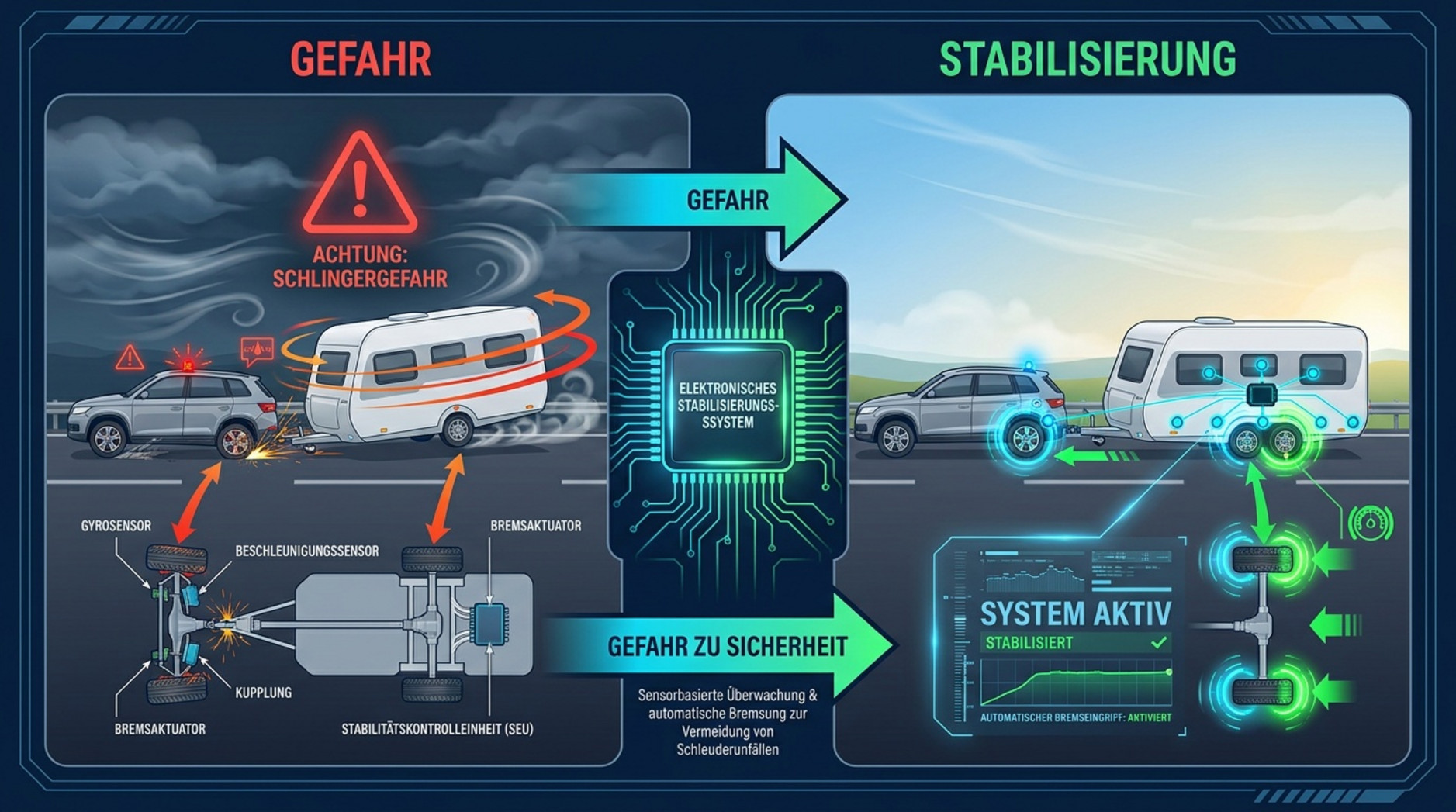 Infografik zeigt ein Wohnwagen-Gespann, das bei starkem Wind ins Schlingern gerät und durch das System stabilisiert wird.