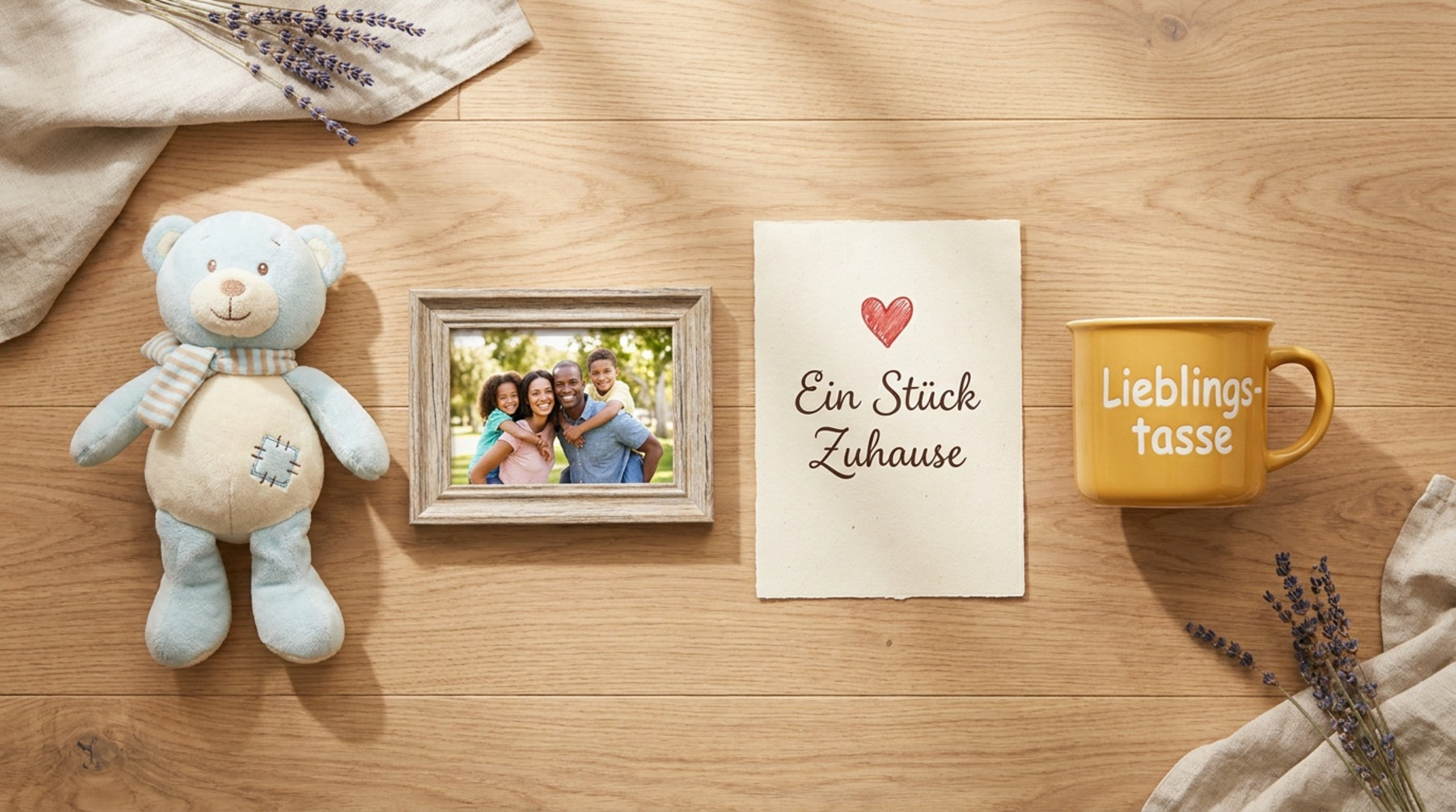Ein Flat-Lay-Foto zeigt liebevoll eingepackte Gegenstände als emotionale Anker auf Reisen.