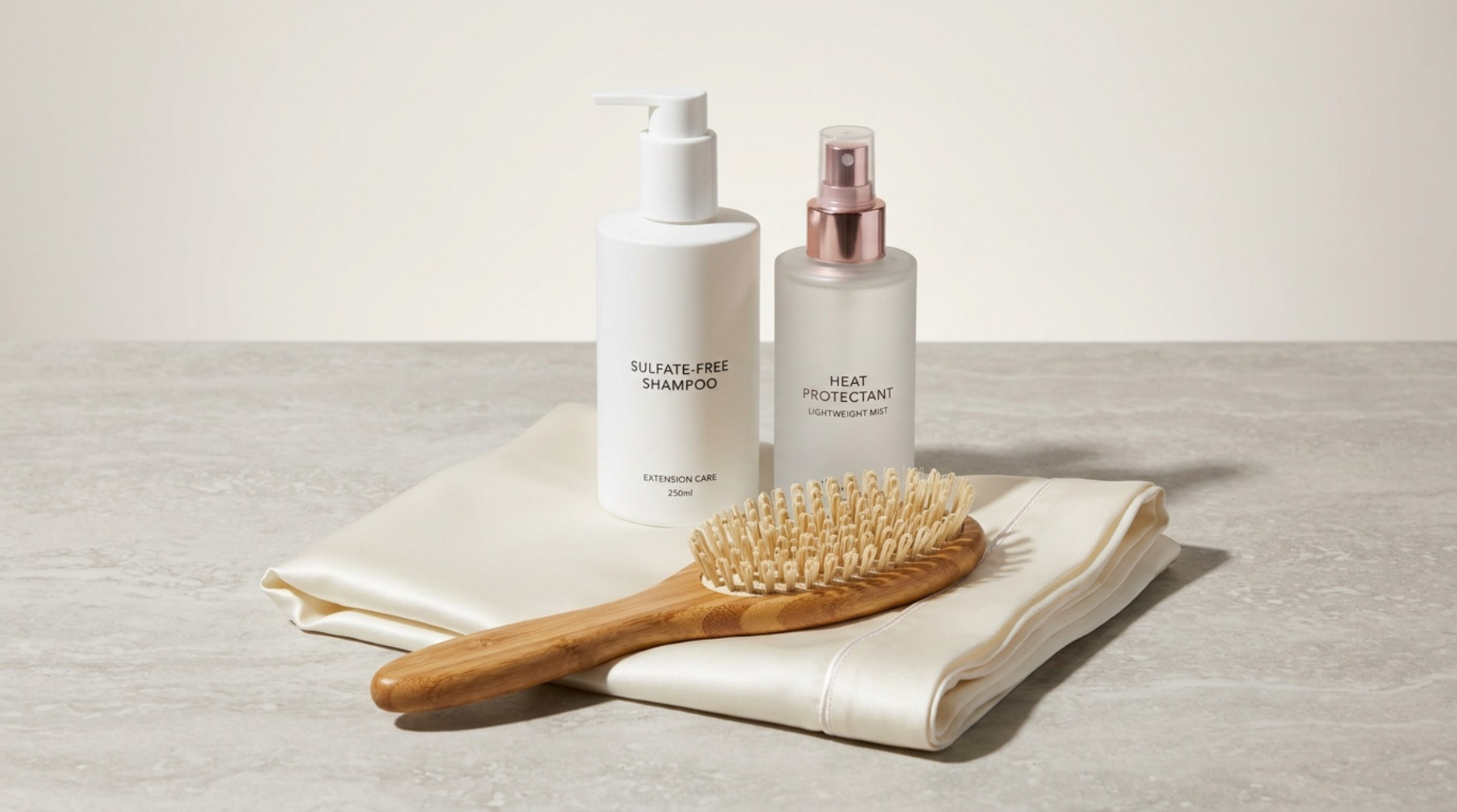 Studio product photography of a care set for tape-in hair extensions arranged on a stone surface with minimalistic background.