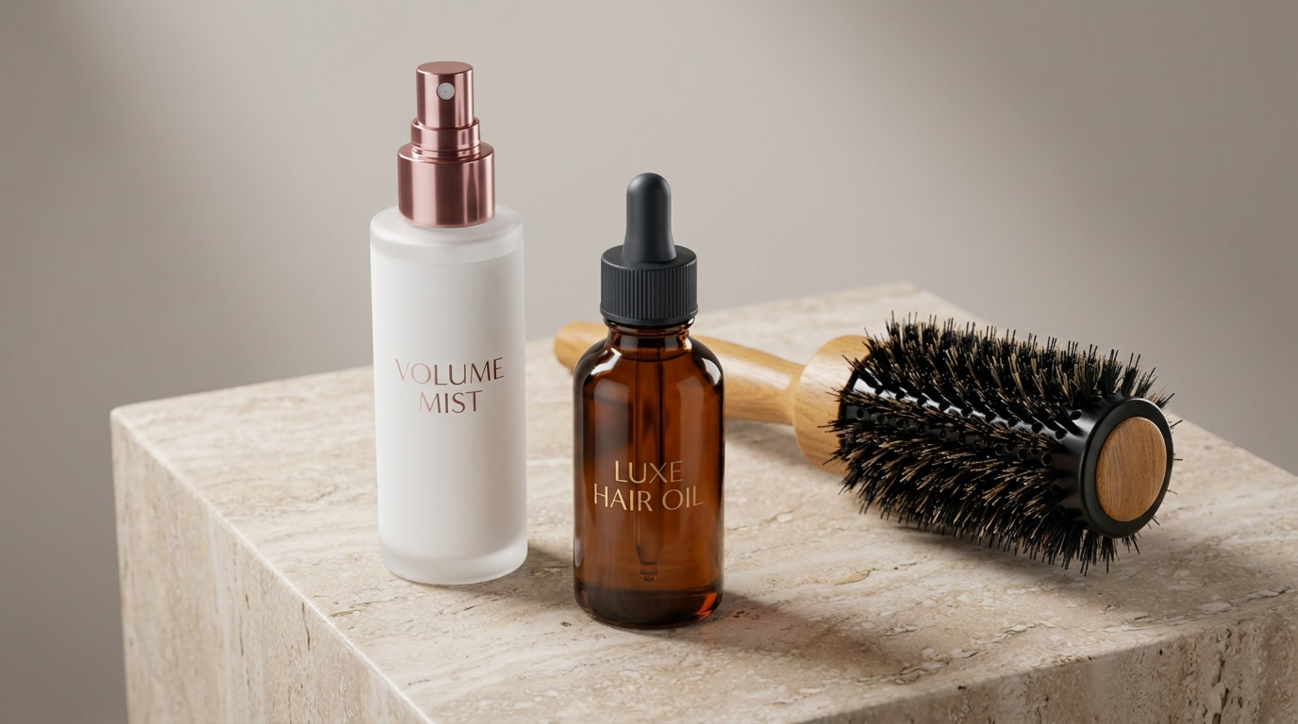 A product photograph showcasing essential hair styling items arranged on a neutral textured surface.