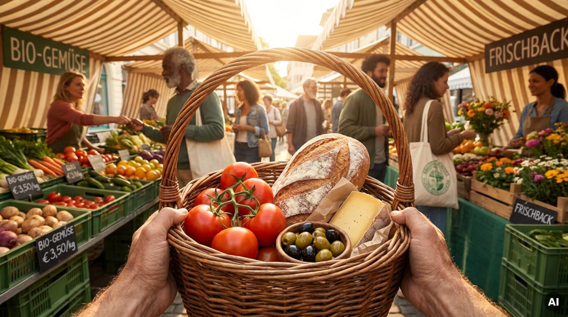 Hände halten einen geflochtenen Korb mit frischen Produkten auf einem lebhaften europäischen Wochenmarkt.