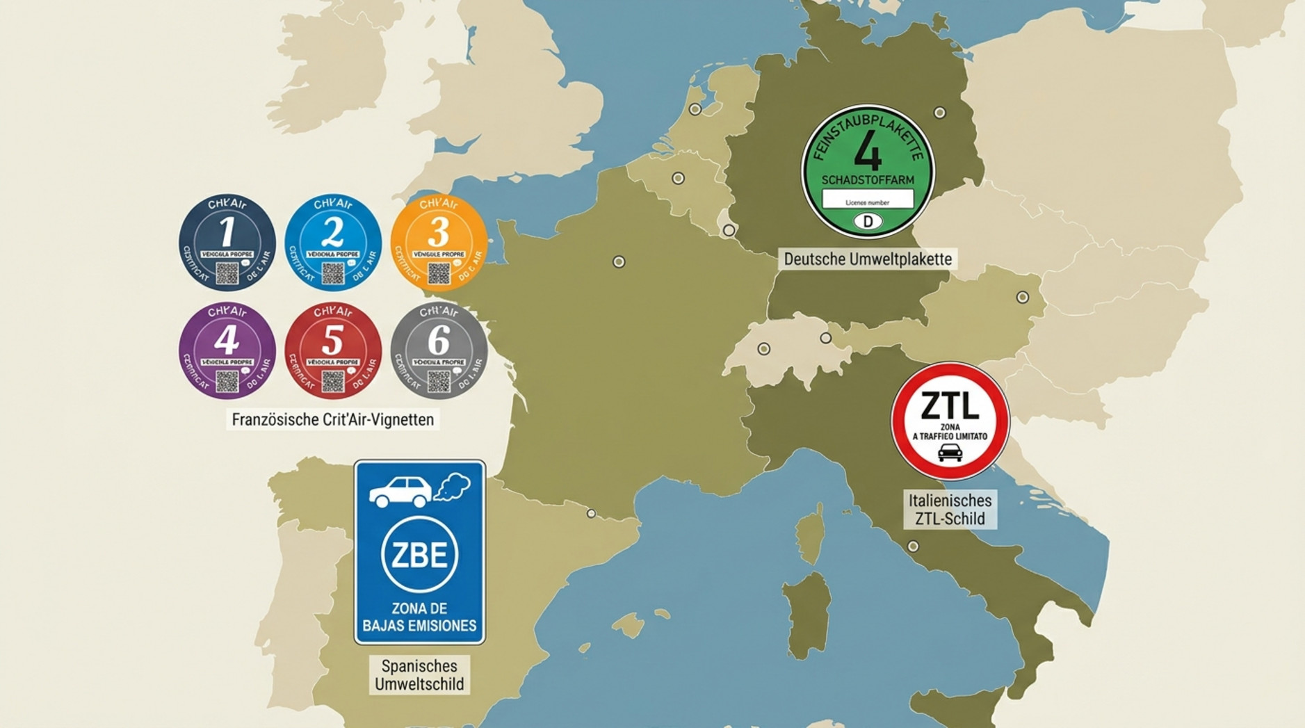 Grafische Collage zeigt europäische Umweltplaketten und Schilder für Wohnmobilreisende auf einer Landkarte von Westeuropa.