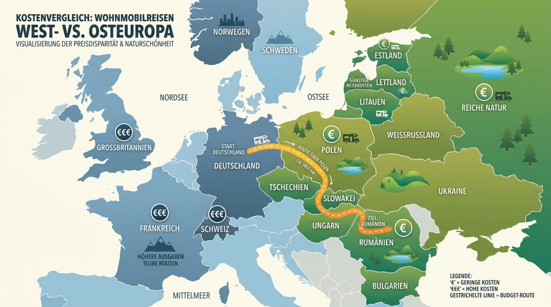 Stilisierte Karte Europas zeigt Preisunterschiede für Wohnmobilreisen zwischen West- und Osteuropa mit Symbolen für Kosten und Natur.