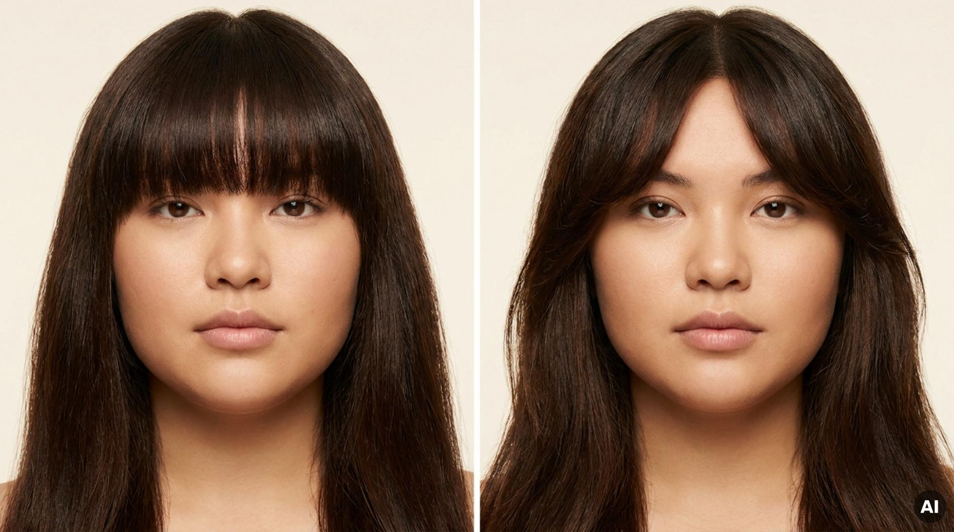 Side-by-side portraits illustrating different bang styles, highlighting how fringe choices affect face appearance.
