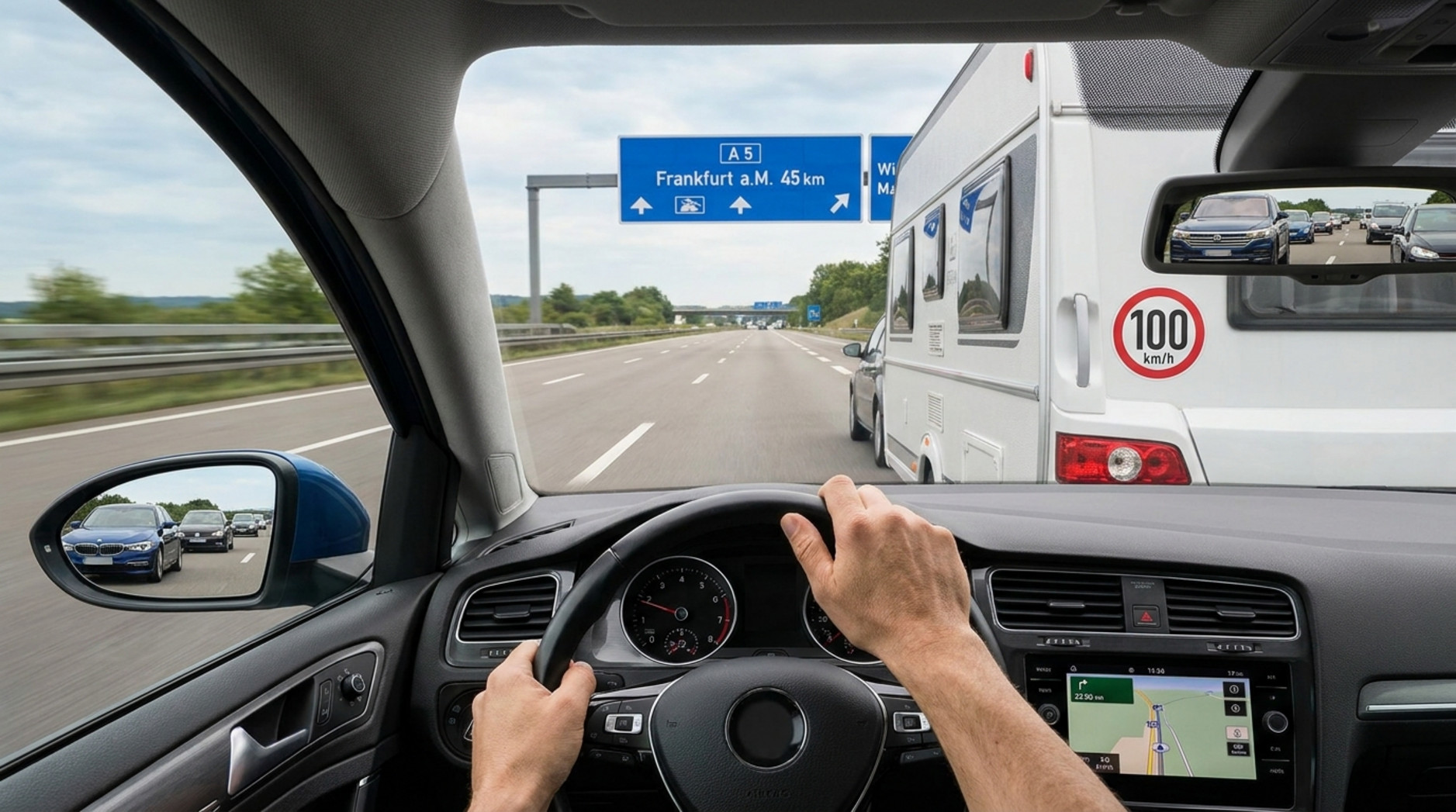 Fahrerperspektive zeigt den Verkehr hinter einem Wohnwagen auf der Autobahn mit Blick durch die Zusatzspiegel.