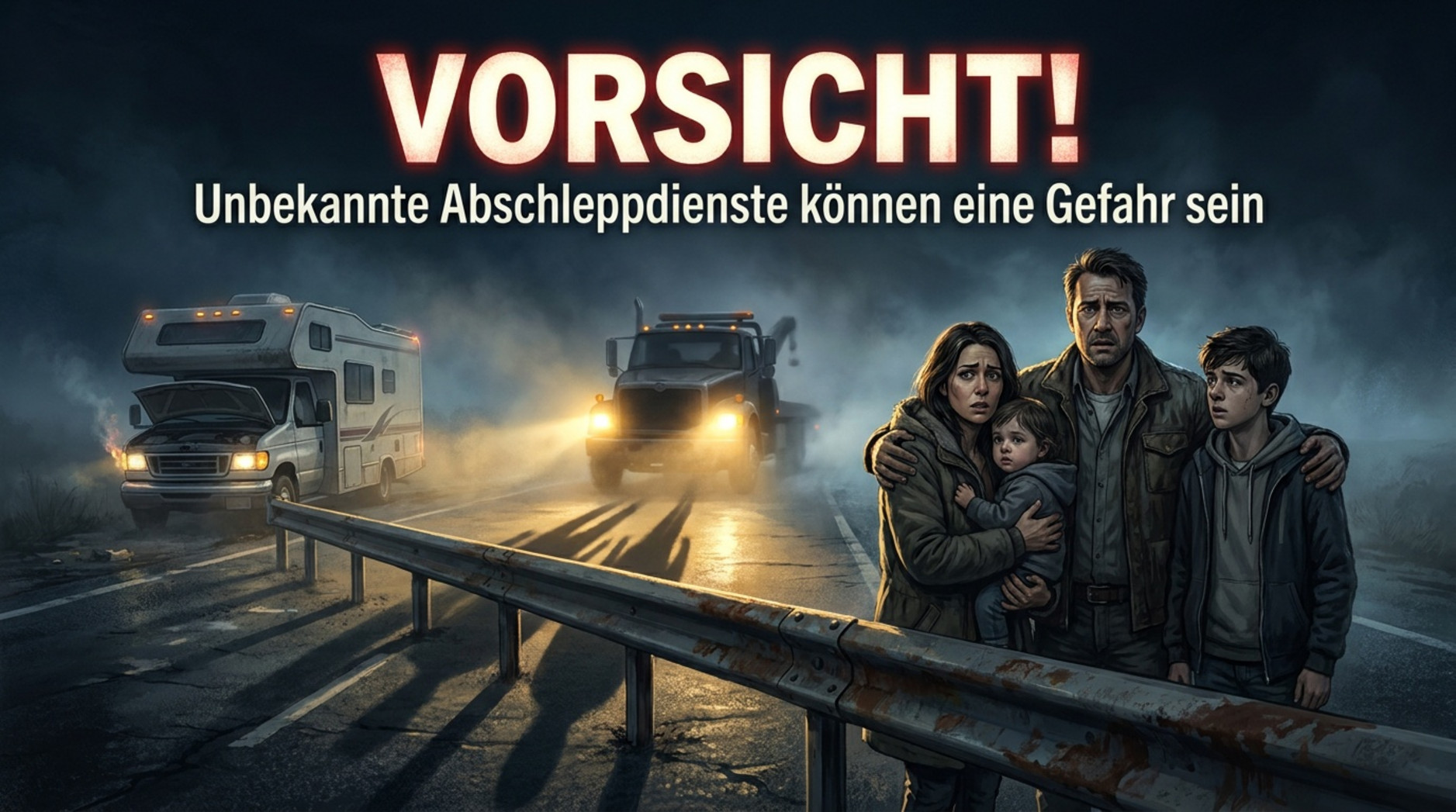 Familie steht nachts hinter einer Leitplanke und beobachtet ein bedrohlich wirkendes Abschleppfahrzeug, das sich nähert.