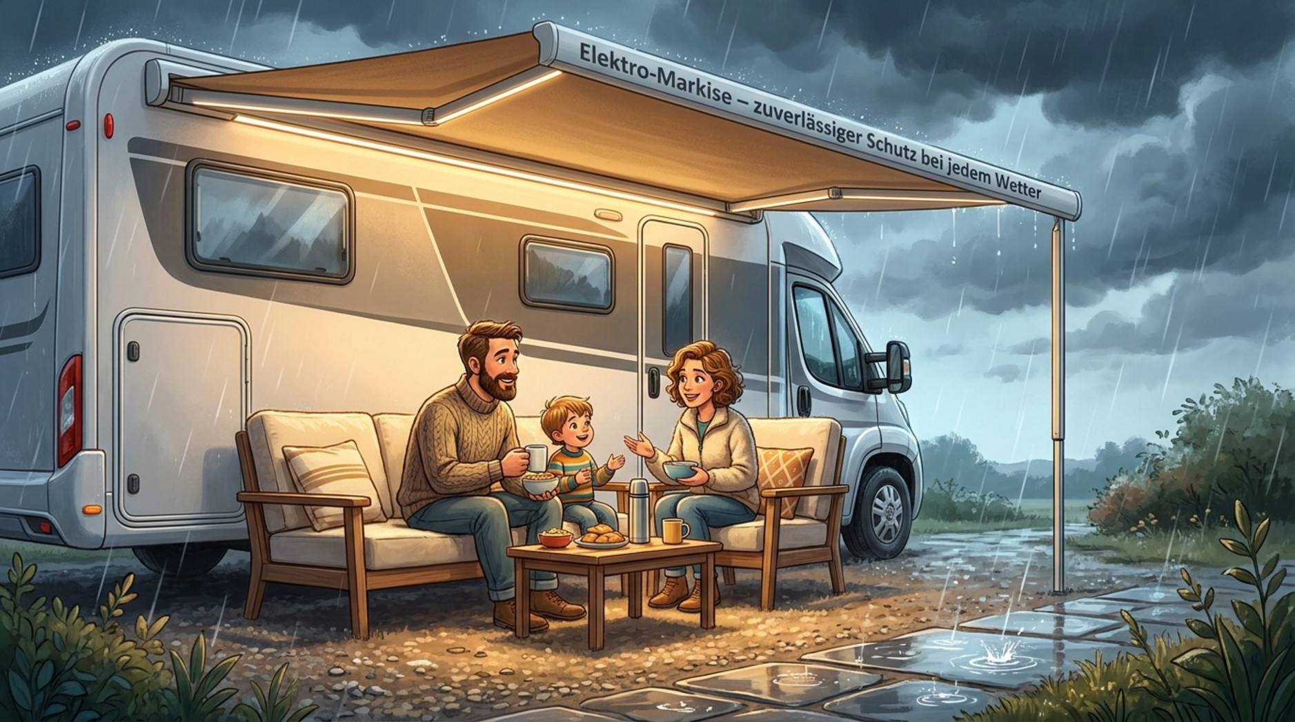 Familie sitzt gemütlich unter ausgefahrener elektrischer Markise bei Regen, zeigt Schutz und Komfort bei plötzlichem Wetterwechsel.