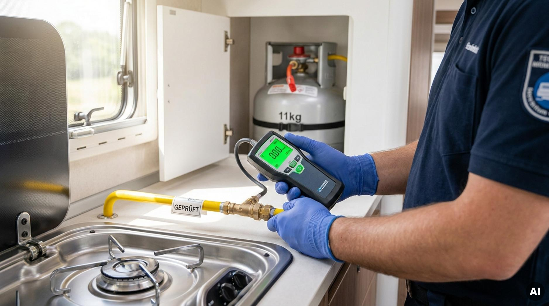 Ein Techniker überprüft eine Gasleitung im Wohnwagen mit Messgerät, um Sicherheit bei der Gasinstallation zu gewährleisten.