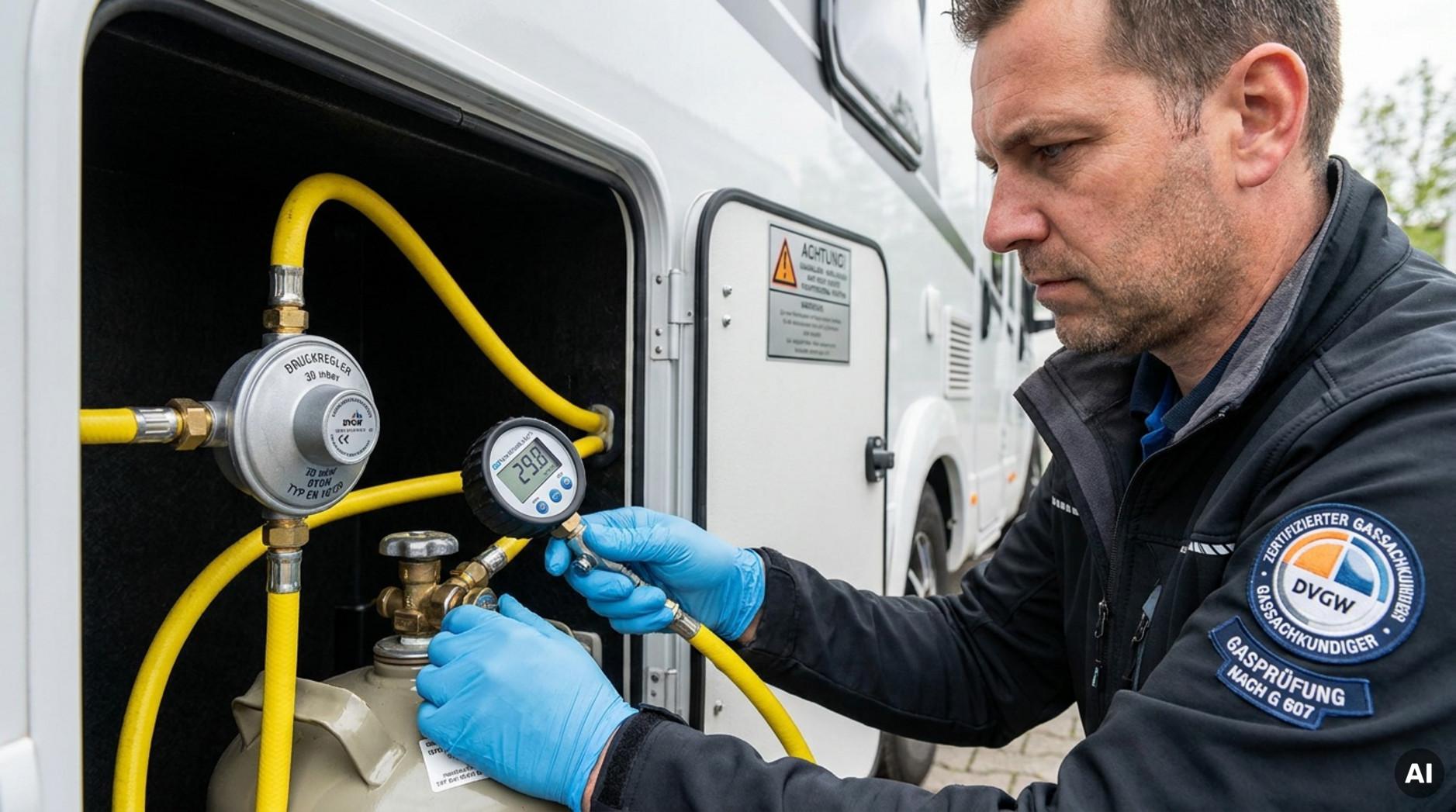 Prüfer misst Gasdruck an einem Wohnmobil mit digitalem Manometer für Sicherheit und technische Genauigkeit.