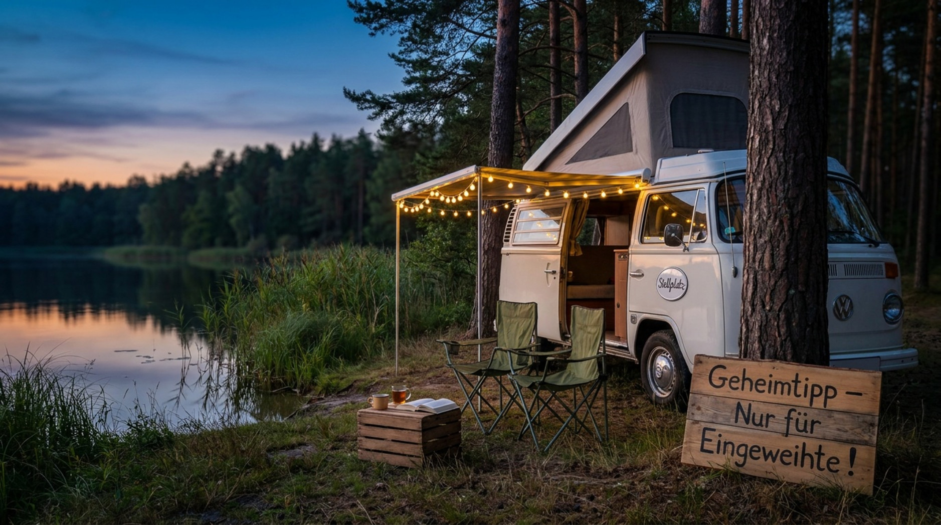 Gemütlicher Stellplatz am Abend mit Campervan und Wasserblick, der Ruhe und Naturverbundenheit vermittelt.