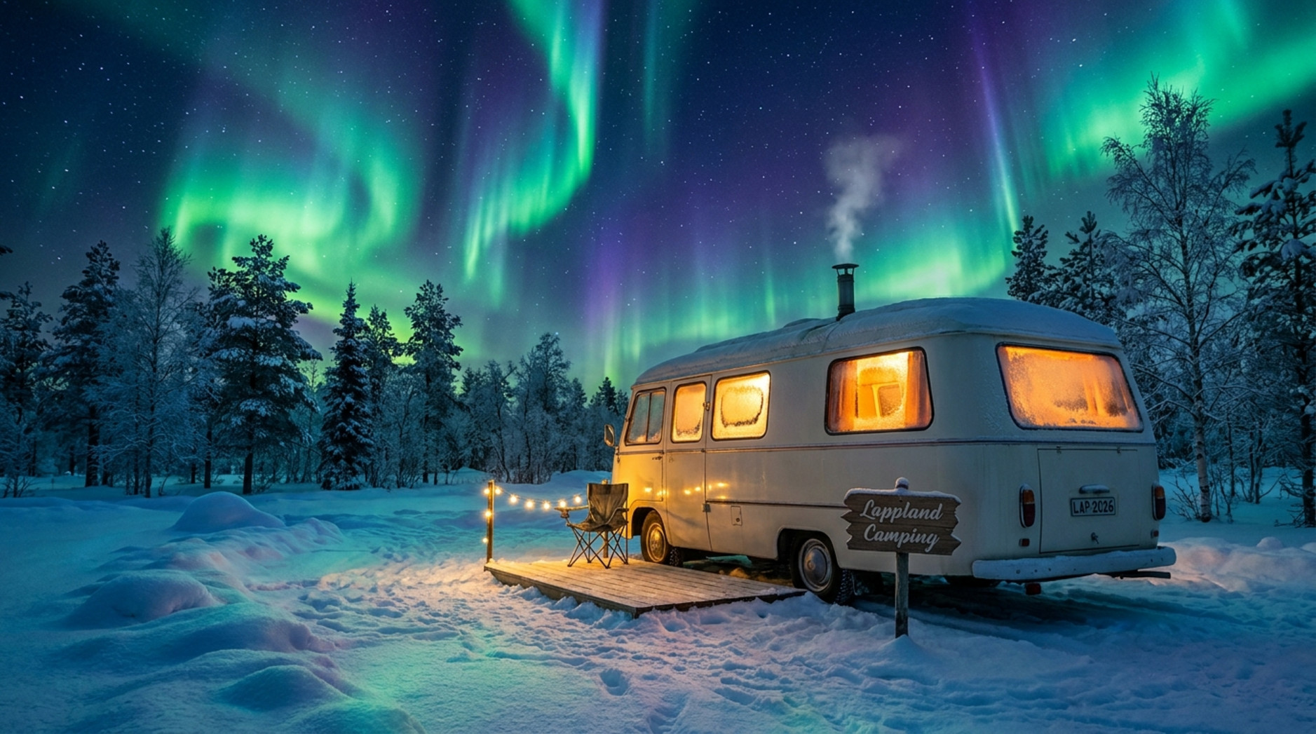 Ein beleuchteter Wohnwagen auf verschneitem Stellplatz in Lappland mit tanzenden Polarlichtern am Himmel und schneebedeckten Bäumen im Hintergrund.