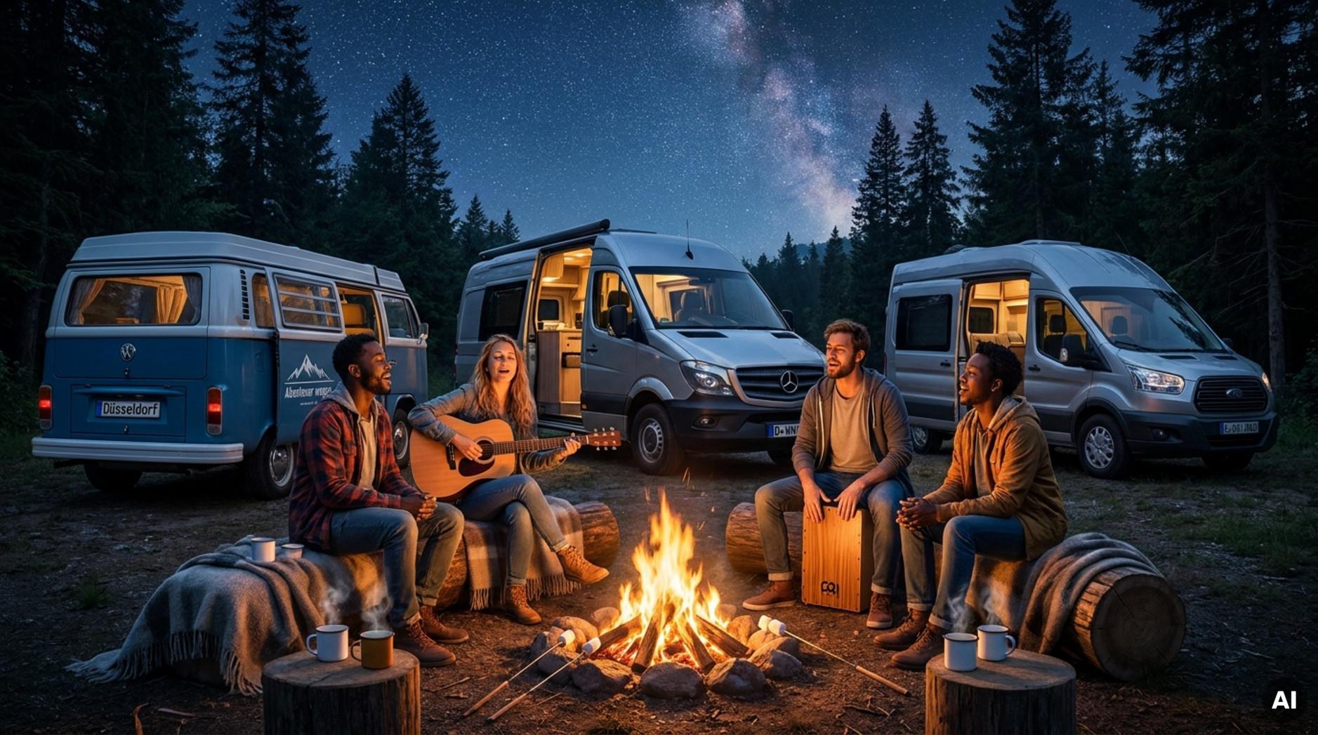 Freunde sitzen um ein Lagerfeuer auf einem Wohnmobilstellplatz bei Nacht, mit Musik und Sternenhimmel im Hintergrund.