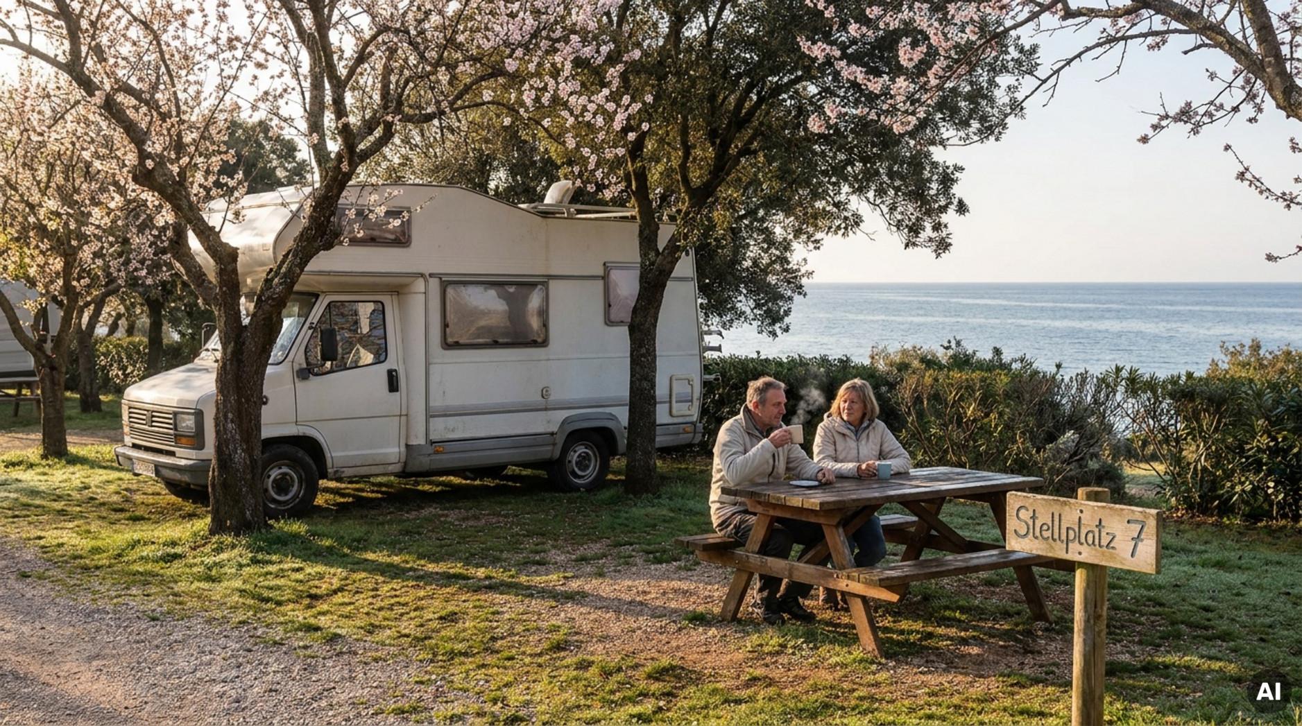 Ein entspannter Campingplatz in Istrien mit einem weißen Campervan unter blühenden Bäumen und einem Paar, das den Morgenkaffee am Meer genießt.