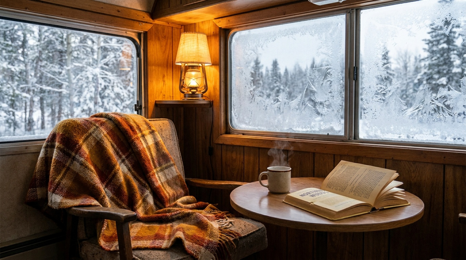 Gemütliche Innenaufnahme eines Wohnmobils im Winter mit Blick auf verschneiten Wald durch das Fenster