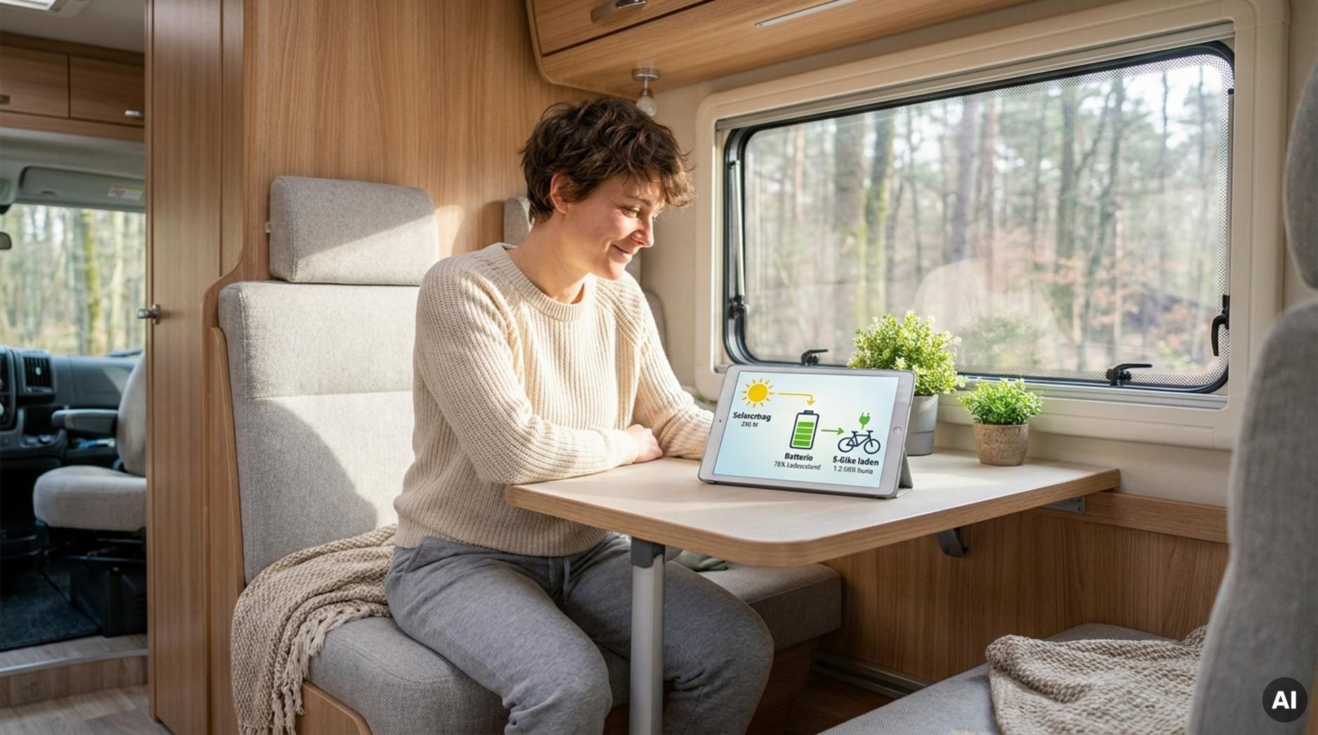Ein modernes Wohnmobil mit entspannter Person, die eine Infografik des Energiemanagementsystems auf einem Tablet betrachtet, zeigt Solarertrag und Energieverbrauch.