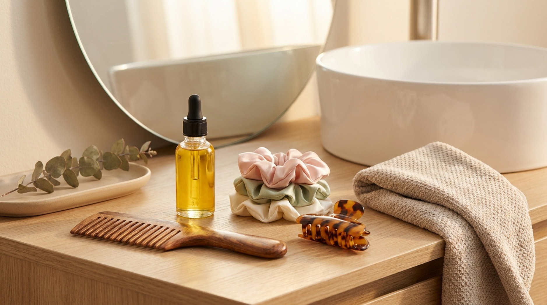 Hair care accessories arranged on a minimalist vanity, including a sandalwood comb, argan oil, silk scrunchies, claw clip, and microfiber towel.