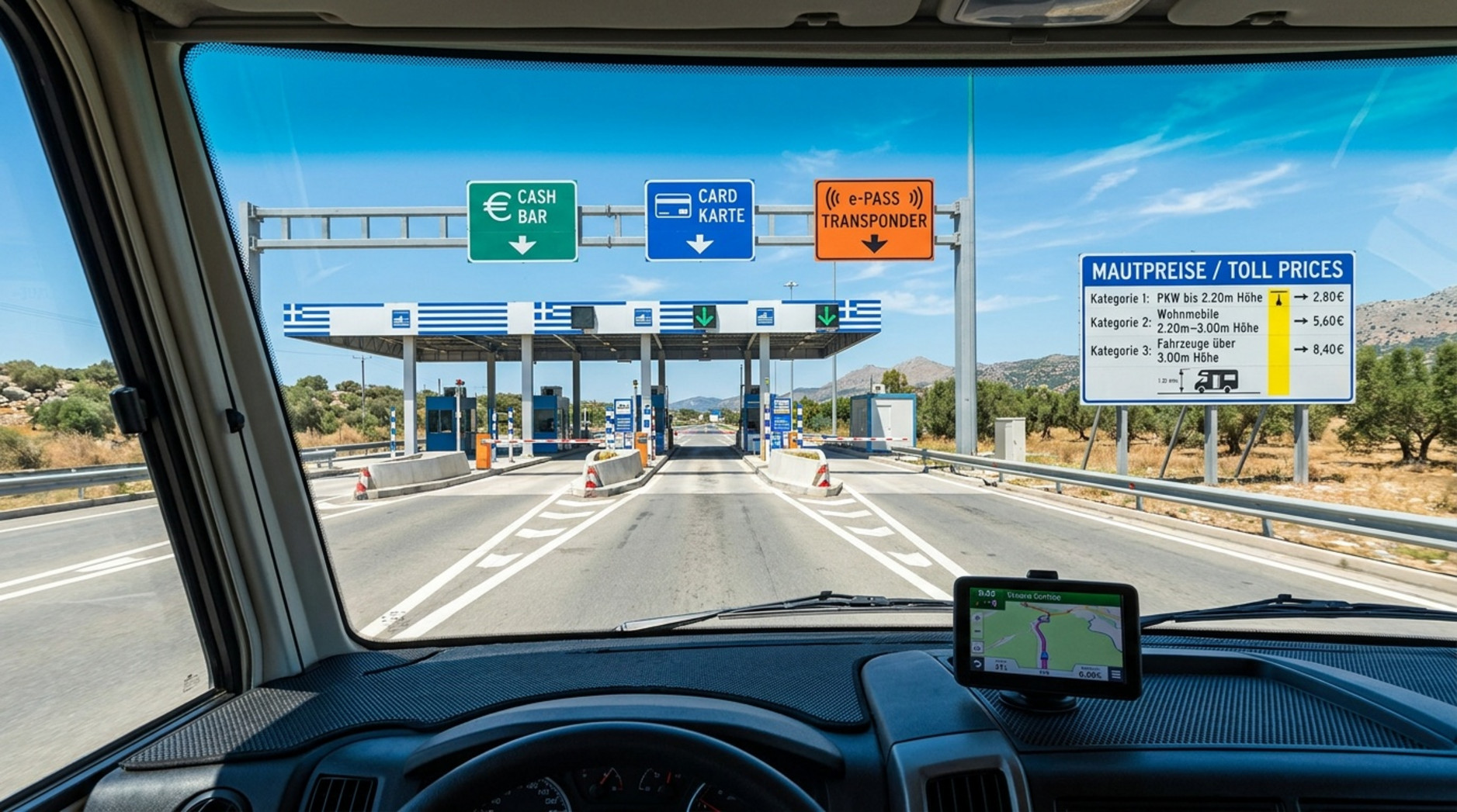 Fahrerperspektive auf eine griechische Autobahn-Mautstation mit verschiedenen Zahlungsoptionen und Fahrzeugkategorien bei sonnigem Himmel.