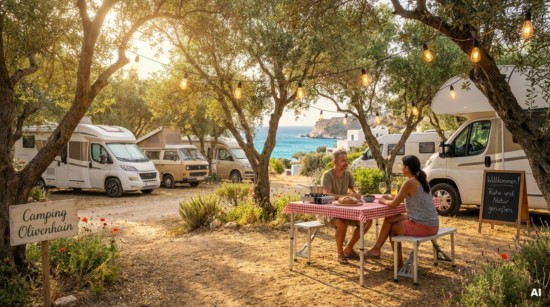 Ein entspannter Campingplatz mit Wohnmobilen unter Olivenbäumen und Blick auf das Meer.