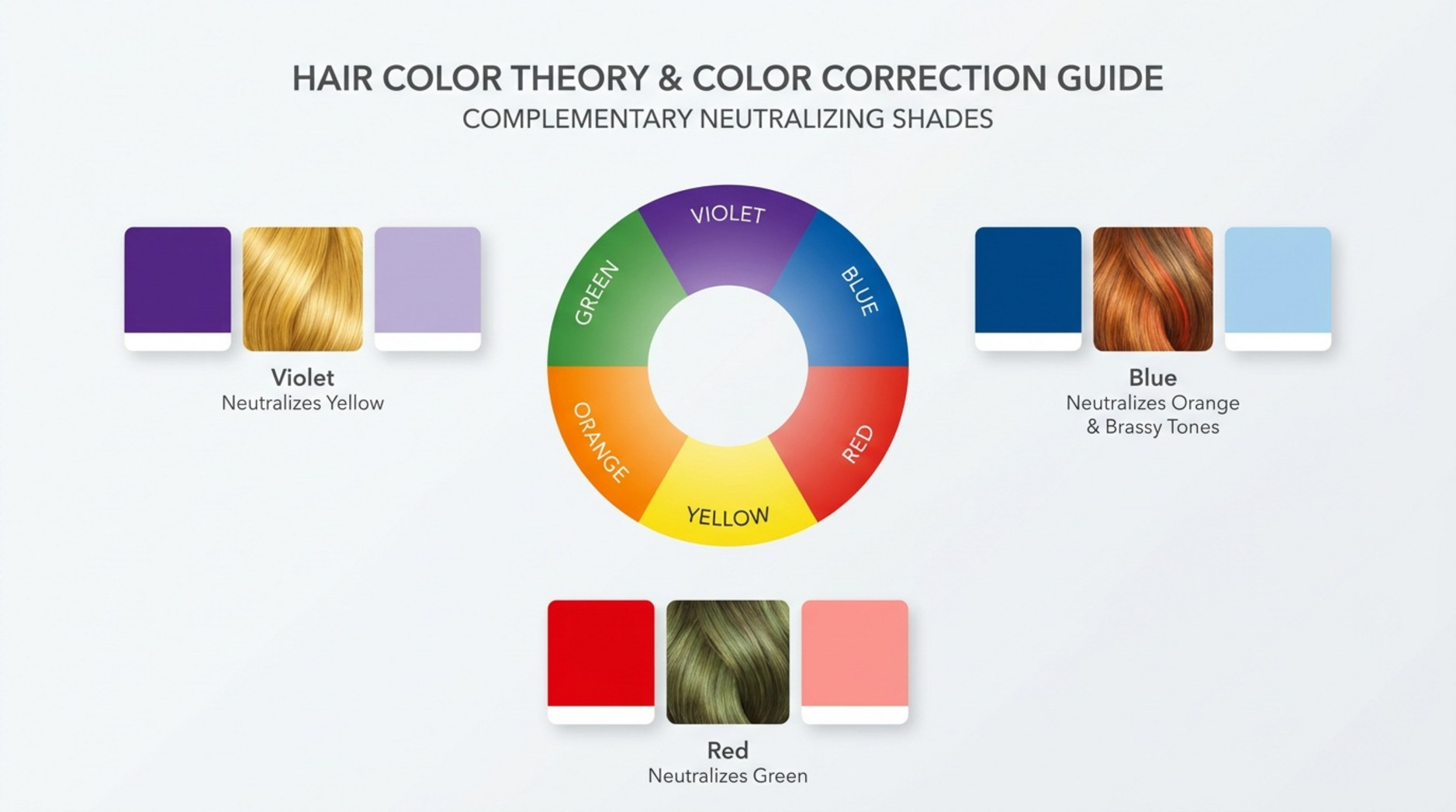 Minimalist infographic illustrating hair color theory with a color wheel and neutralizing shades for salon correction.
