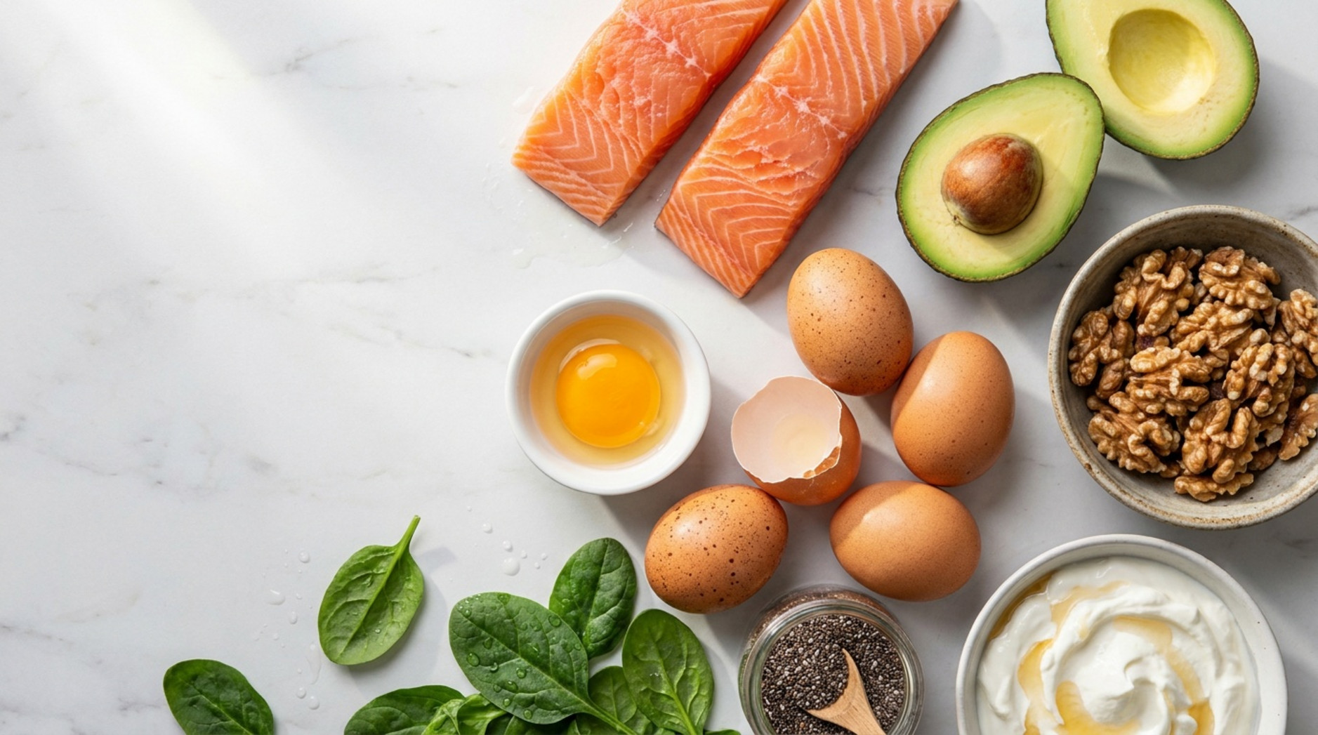 Salmon, eggs, avocado, walnuts, chia seeds, spinach, and Greek yogurt arranged to support healthy hair.