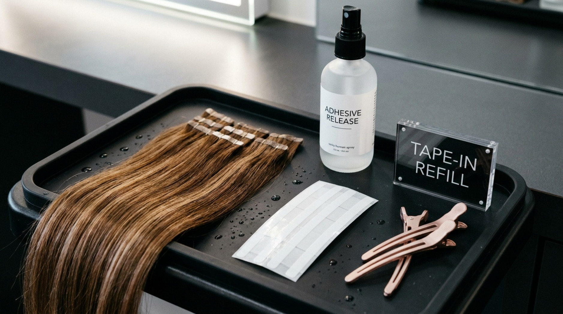 A salon workstation prepared for tape-in extensions with hair wefts, adhesive strips, clips, and spray under bright lighting.