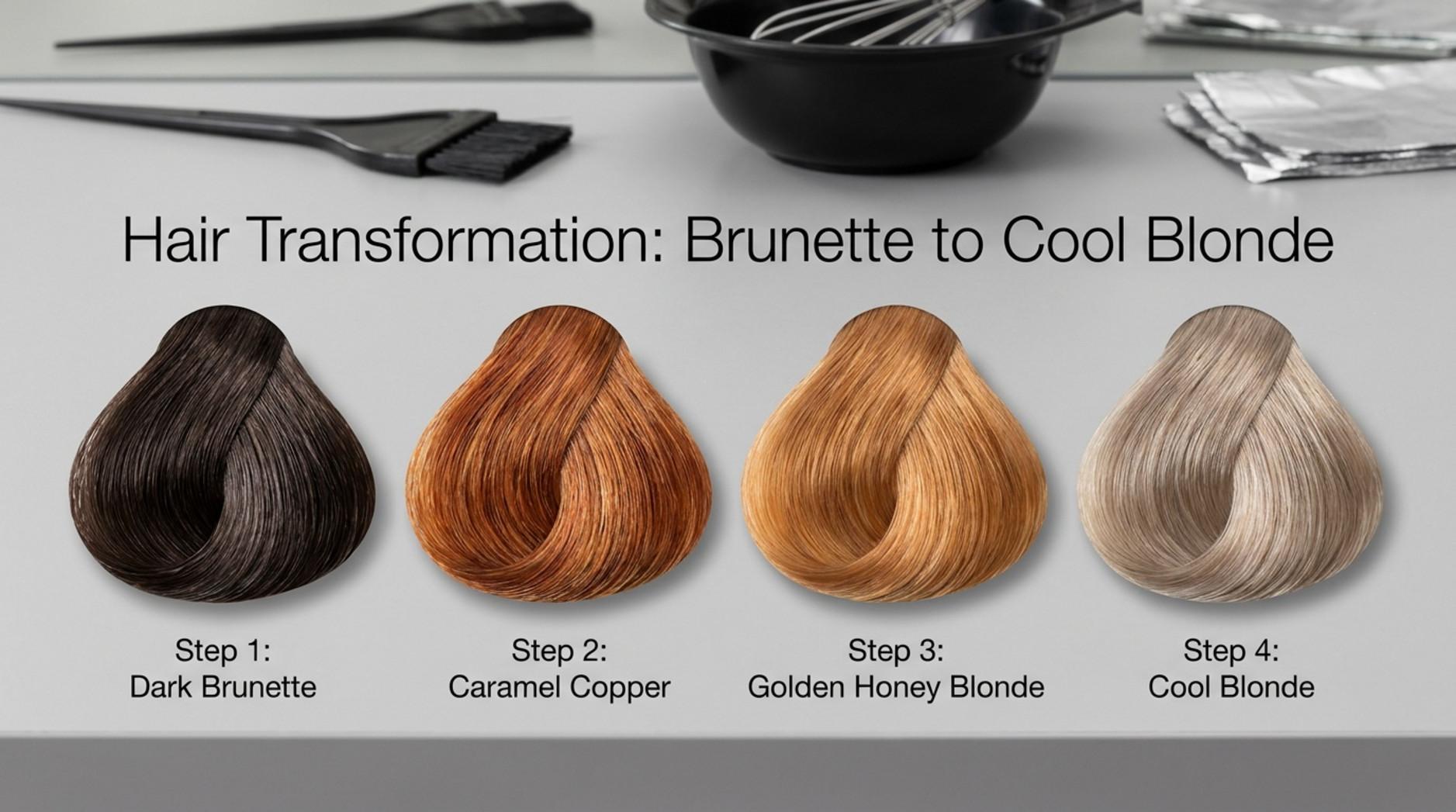 A visual progression chart showing a hair color change from dark brunette to cool blonde with four realistic swatches and professional salon tools in the background.