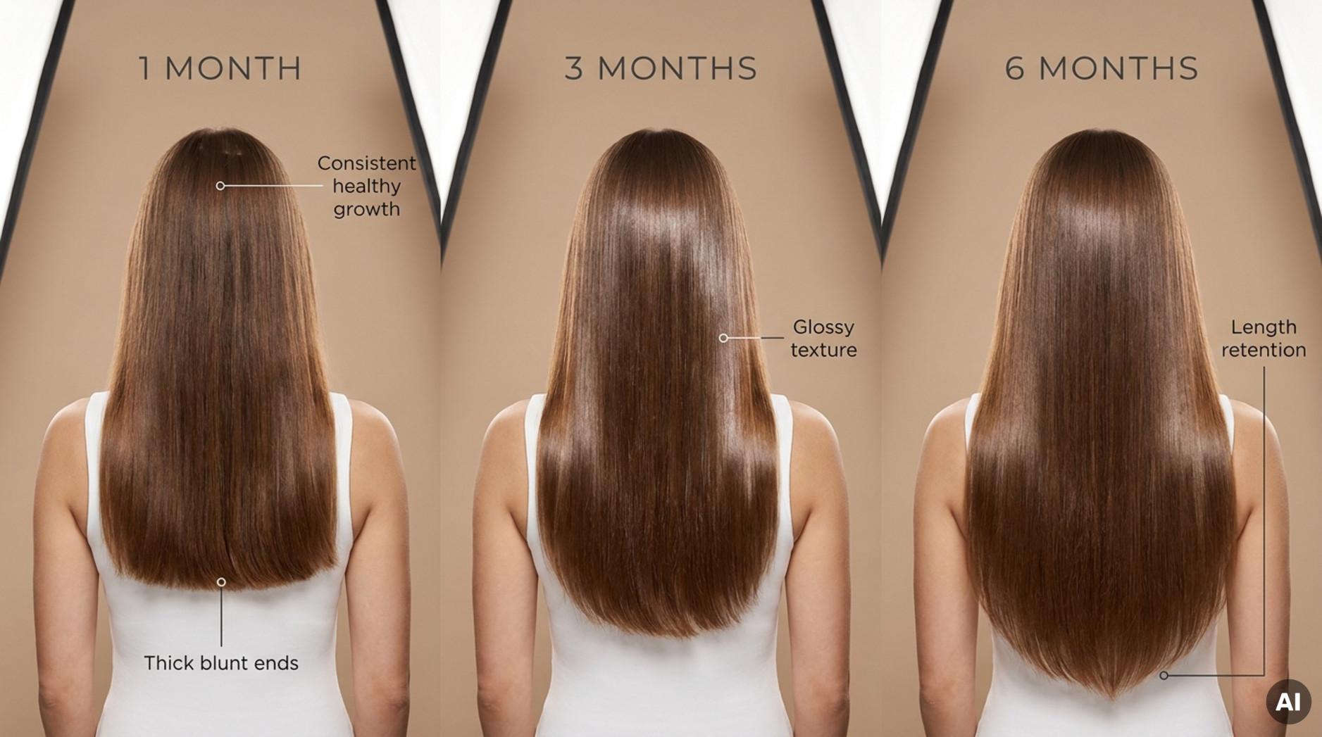 Back-view comparison of healthy long hair at one, three, and six months, showing glossy texture, thick ends, and retained length.