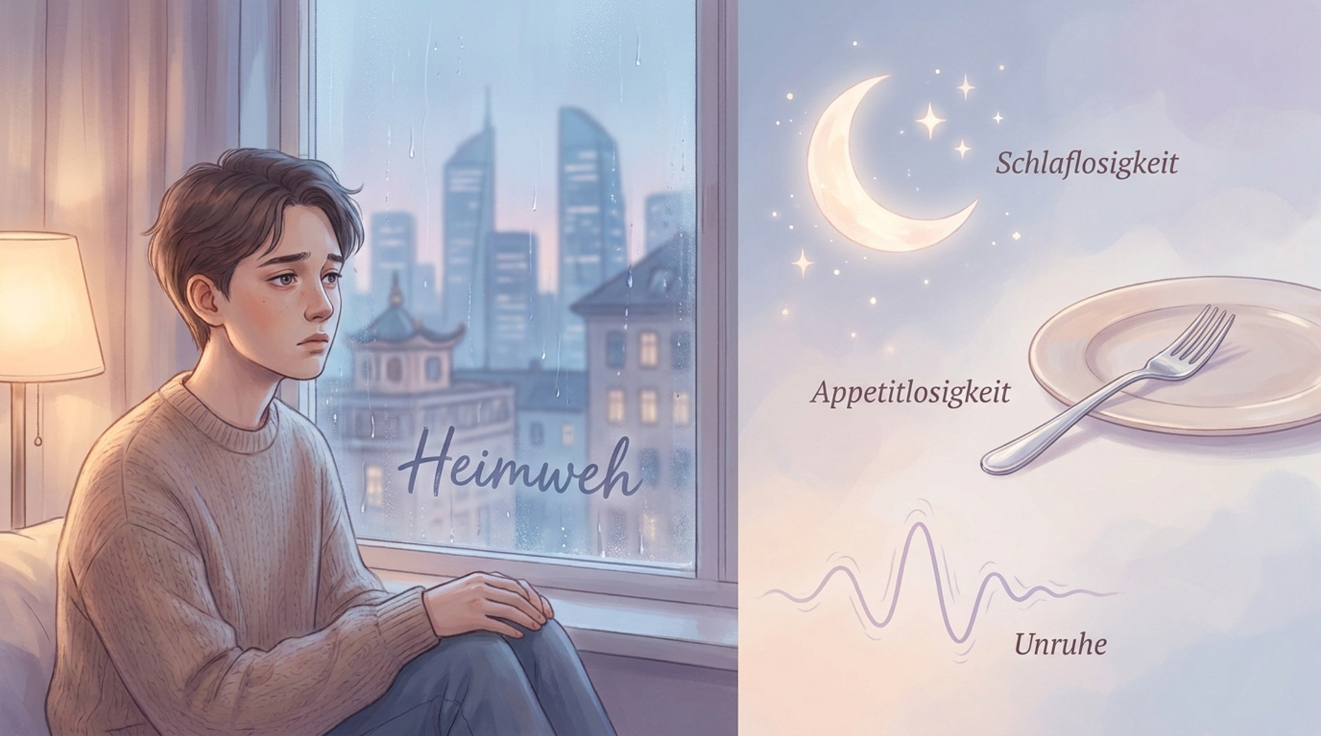 Eine stilisierte Illustration zeigt eine Person, die nachdenklich aus einem Fenster schaut, mit Symbolen für Heimweh wie Mond, Sterne, eine leere Gabel und unruhige Linien, die die Symptome darstellen.