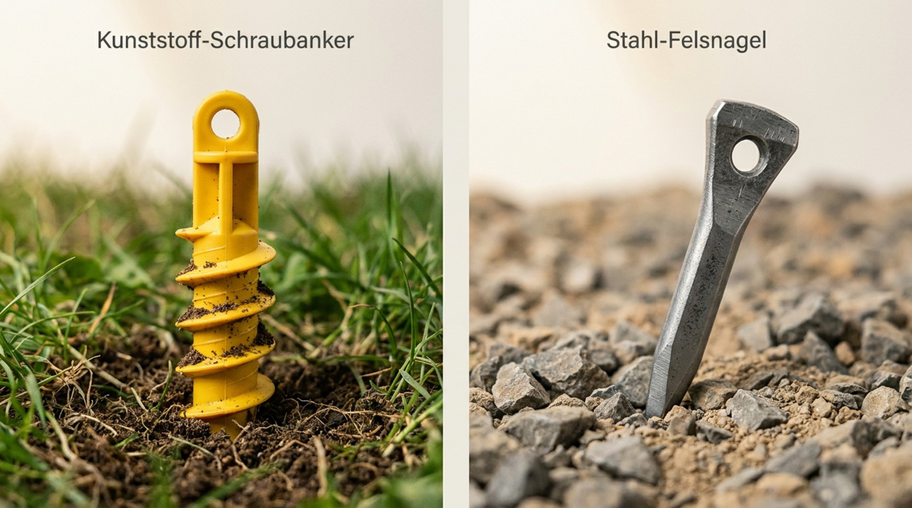 Direkter Vergleich eines gelben Kunststoff-Schraubankers im Wiesenboden und eines geschmiedeten Stahl-Felsnagels im Schotterboden.