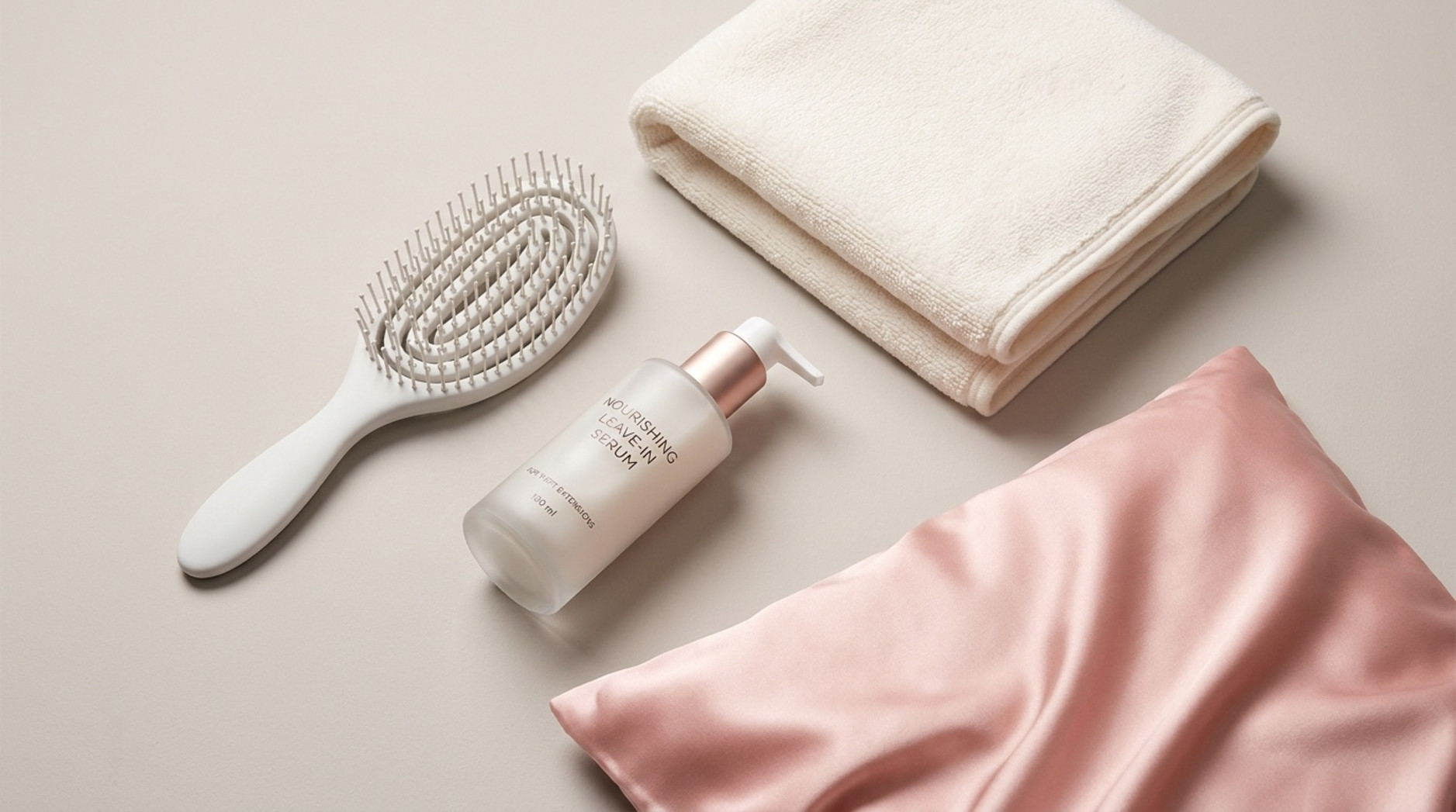 Flat-lay of essential home care tools for weft hair extensions on a neutral surface including a loop hairbrush, microfiber towel, silk pillowcase, and serum bottle under bright lighting.