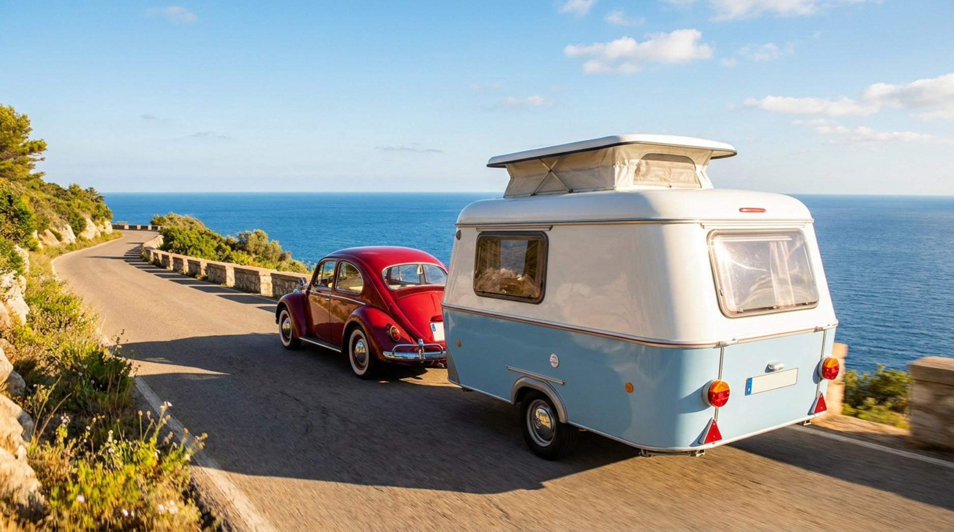 Ein kultiger Wohnwagen wird von einem klassischen VW Käfer über eine Küstenstraße gezogen, was die Freude und Wendigkeit des Gespanns zeigt.