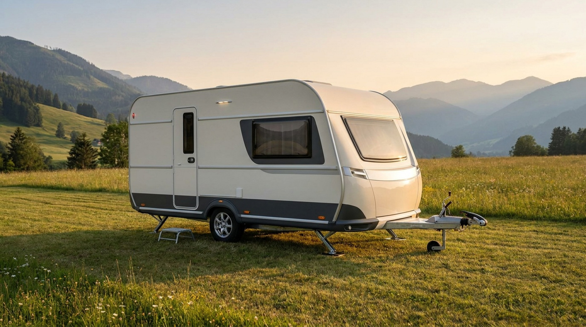 A modern travel trailer stands level on a grassy mountain campsite, supported by extended hydraulic stabilizers in the warm evening light.