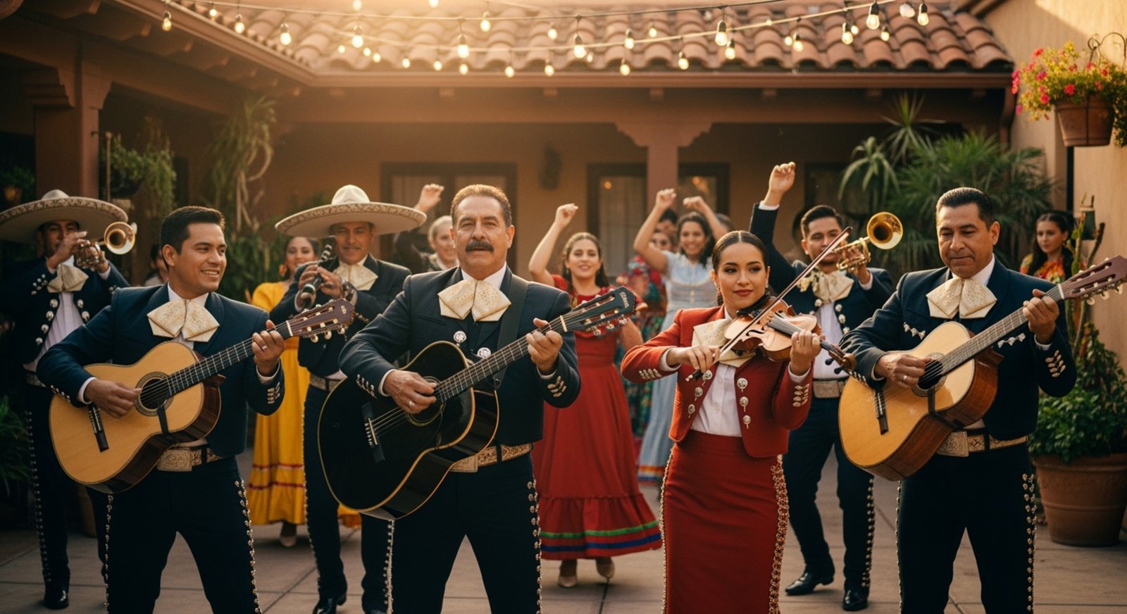 Photorealistic scene of a mariachi band performing at a family celebration with dancing and joyful atmosphere.