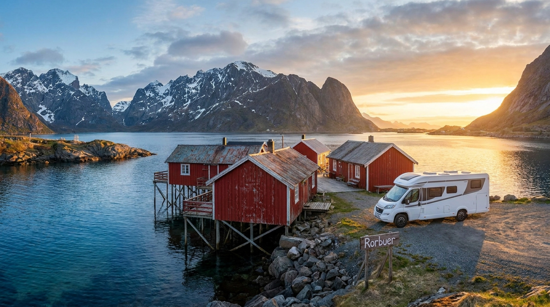 Fotorealistische Aufnahme der Lofoten-Inseln mit roten Fischerhütten und dramatischen Bergen im Hintergrund