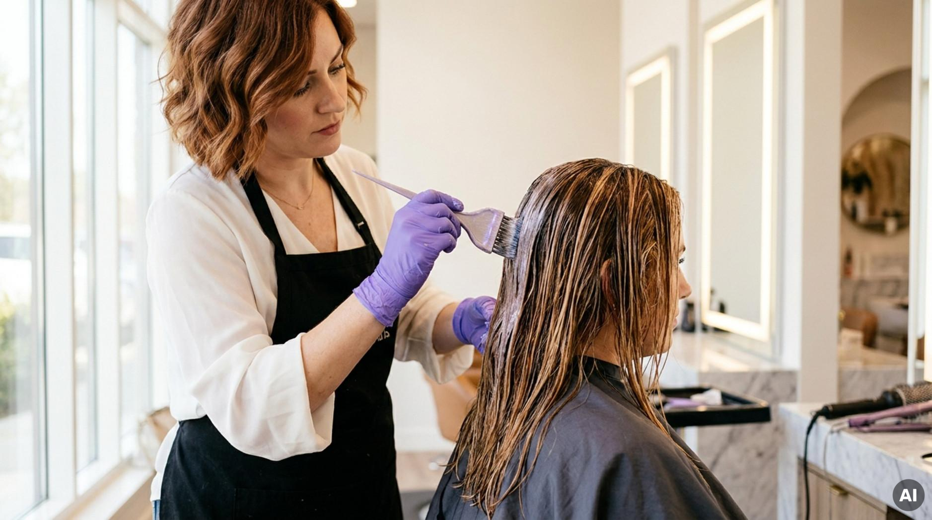 A hairstylist applies a gloss to highlighted hair in a bright, luxurious salon environment.