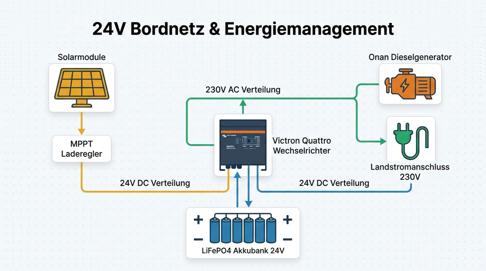Technisches Diagramm des 24-Volt-Bordnetzes und Energiemanagements eines Luxus-Reisemobils mit Solarmodulen, Wechselrichter, Lithium-Akku, Generator und Landstrom.